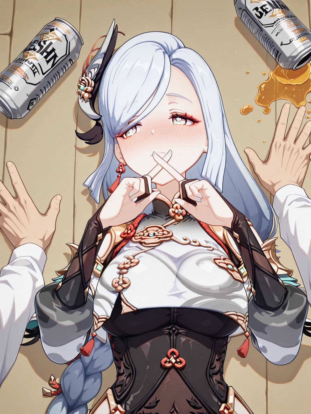 masterpiece, best quality, amazing quality,, <lora:shenhe-ingame-illustriousxl-lora-nochekaiser:1>, shenhe, shenhe (genshin impact), blue eyes, braided ponytail, earrings, eyelashes, eyeliner, eyes visible through hair, eyeshadow, hair between eyes, makeup, red eyeshadow, sidelocks, single earring, symbol-shaped pupils, tassel, tassel earrings, white hair, long hair, mature female, large breasts, 3d,, <lora:getsuyoubi-no-tawawa-400-illustriousxl-lora-nochekaiser:1>, getsuyoubinotawawa 400, x fingers, looking away, blush, closed mouth, 1boy, lying, solo focus, on back, pov, nose blush, alcohol, can, pov hands, drunk, drink can, beer can, spill, on floor,, , ,