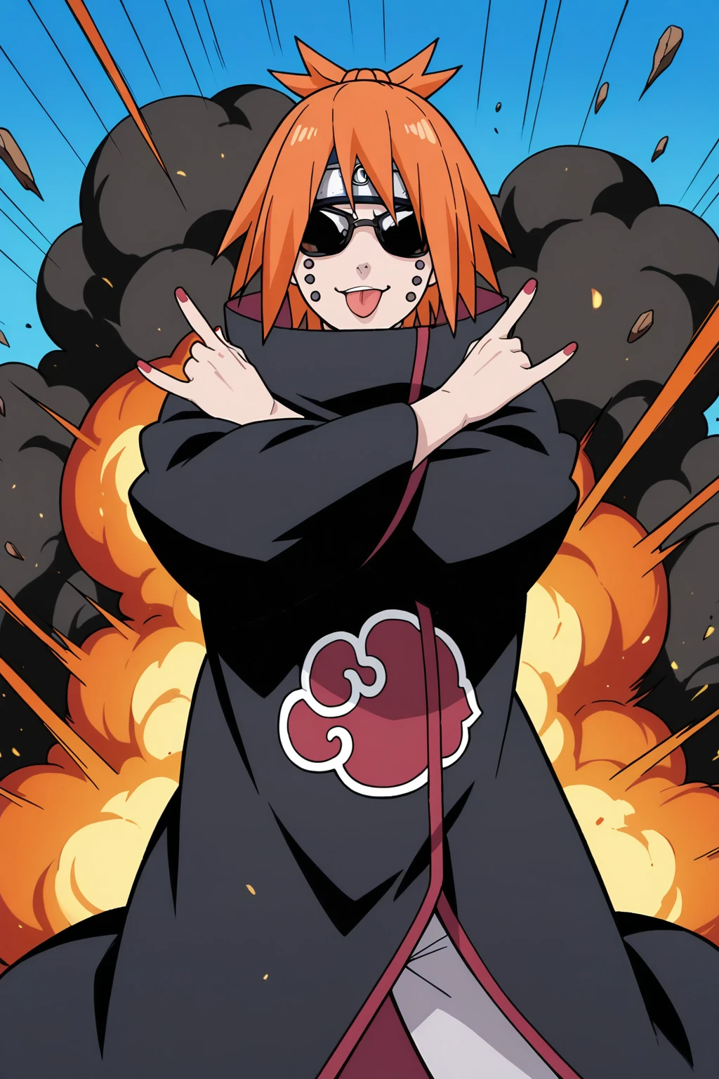 masterpiece, best quality, very aesthetic, amazing quality, highres, absurdres, normal quality, (anime screencap), chikushodo, (wearing sunglasses:1.2), covered eyes, no eyes, orange hair, piercing, akatsuki uniform, long sleeves, piercing on elbows, red nails, (double \n/:1.0), crossed arms, tongue out, posing, cowboy shot, explosion background, dynamic, action, forehead protector, naruto style, white grey bottom, blue background, black sunglasses,