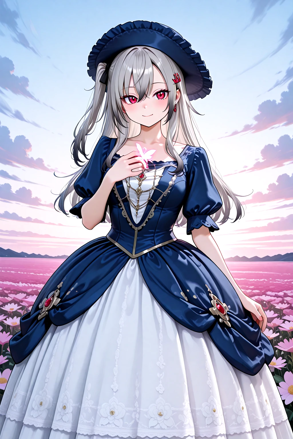 masterpiece, best quality, amazing quality, 1girl, solo, makeup, general, full shot, looking at viewer, blush, dramatic angle, smile, tsurime, sky, field, outdoors, magical smile, closed mouth, from front, standing, magical flower field, surrounded by glowing flowers and butterflies, both hands casting flower magic, petals swirling around hands, soft magical glow, <lora:Hololive_Riona:0.7>, Hololive_Riona, long hair, red eyes, grey hair, hair ornament, hairclip, black hair ribbon, hair between eyes, side ponytail, one side up, breasts, sidelocks, nail polish, <lora:Blue_Rococo_Style_Vintage_Masquerade_Dress:1>, Blue_Rococo_Style_Vintage_Masquerade_Dress, white dress, blue dress, gown, long dress, blue headwear, bonnet, frills, lace trim, lace, short sleeves, puffy sleeves, floral print, <lora:wai-A3-V140:1>, <lora:illustrious_noobai_epsilon_pred_1_masterpieces_v1:1>