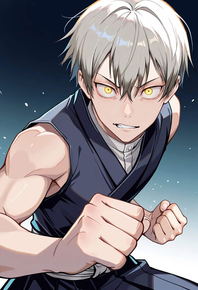 (masterpiece), best quality, expressive eyes, amazing quality, solo, short hair,1boy, clenched hand, japanese clothes, fighting stance, sleeveless,  Naoyajjk, hair between eyes, yellow eyes,