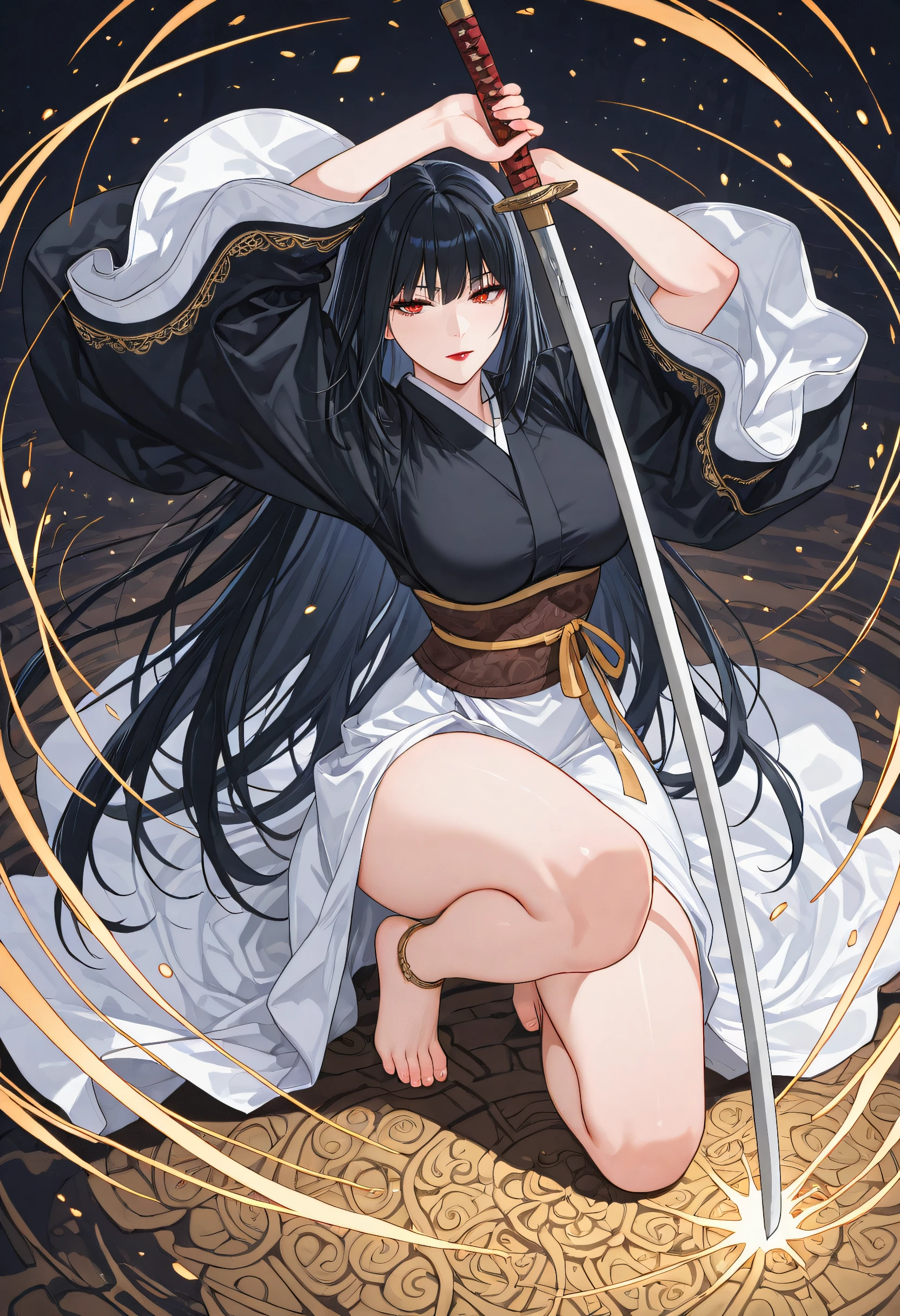 embedding:lazympos, masterpiece, very aesthetic, absurdres, best quality, good quality, newest, highres, uncensored, ,
1girl, solo, mature female, wolharang, black hair, very long hair,long_bangs, blunt bangs, long sidelocks, hair down, sharp eyes, long eyelashes, red lipstick, , curvy, narrow_waist, wide , thick_thighs,
layered_kimono, black outer shirt, white inner dress, white trimming, long sleeves, wide sleeves, brown belt guard, white waist sash, gold trimming, slit dress, long dress, embroidered sleeve, anklet ribbon, holding sword, full body, floating fabric, around waist, around arms,
squatting, one knee on the ground, from above, holding sword with two hands, arms_up, sword stance,