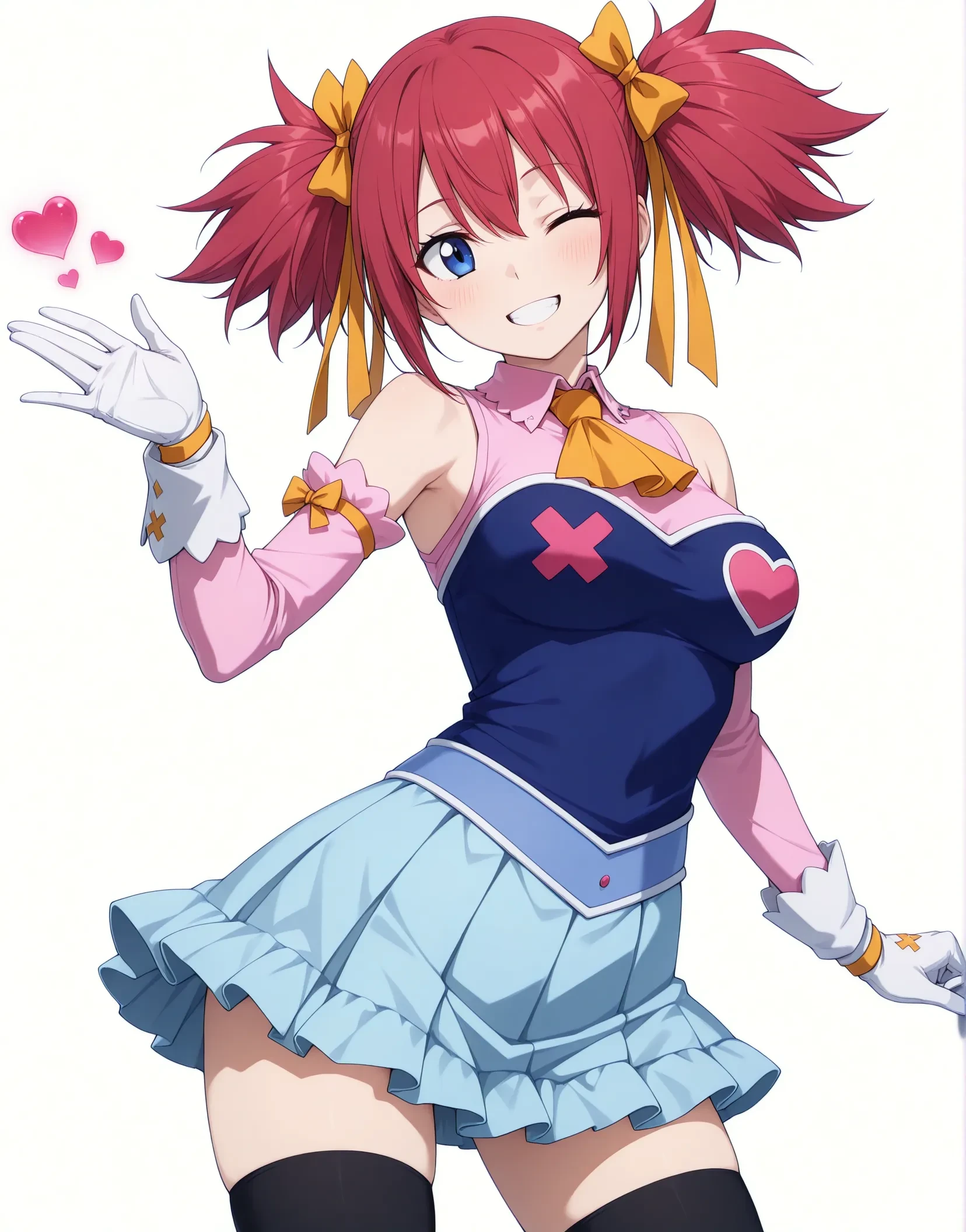 masterpiece, best quality, good quality, explicit,1girl,solo,anime coloring, highres,perfect lighting,<lora:CleanAnime - [Enchanter] - IllustriousXL v4.0:0.7>,<lora:AntiglazeSerum_rev5:0.6>,(flat color:1.2),
Fair-skinned,cute face,looking at viewer,
cowboy shot,
<lora:sheria_blendy_ill_v01.safetensors:1>,
sheria blendy,outfit1,
twintails,medium hair,red hair,hair bow,hair yellow ribbon,blue eyes,yellow ascot,pink shirt,blue shirt,detached sleeves,white gloves,heart,cross,light blue skirt,black thighhighs,
medium breasts,
smile,one eye closed, double piece,teeth, 
simple background, white background,