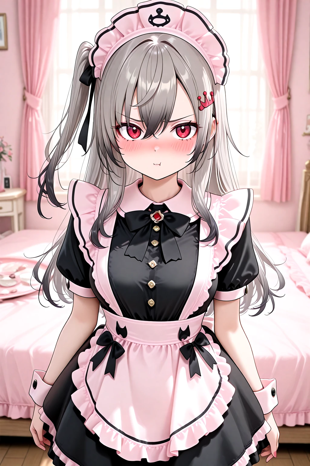 masterpiece, best quality, amazing quality, 1girl, solo, makeup, general, full shot, looking at viewer, blush, dramatic angle, holding tray, pout, angry, indoors, shy, room, pink room, (microphone on tray), house, windows, bed, standing, <lora:Hololive_Riona:0.7>, Hololive_Riona, long hair, red eyes, grey hair, hair ornament, hairclip, black hair ribbon, hair between eyes, side ponytail, one side up, breasts, sidelocks, nail polish, <lora:Cute_Bow_Ruffles_Apron_French_Maid_Dress:1>, Cute_Bow_Ruffles_Apron_French_Maid_Dress, dress, bow, ribbon, short sleeves, frills, bowtie, black dress, apron, maid, black bow, frilled dress, maid apron, frilled apron, black bowtie, maid headdress, wrist cuffs, thighhighs, <lora:wai-A3-V140:1>, <lora:illustrious_noobai_epsilon_pred_1_masterpieces_v1:1>
