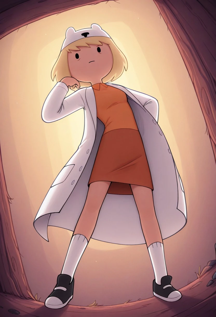 masterpiece, best quality, newest, absurdres, highres, 1girl, solo, minervaILL, blonde hair, short hair, labcoat, orange shirt, hat, white socks, black footwear, ,foreshortening, dynamic angle, adventure time, cartoon,
