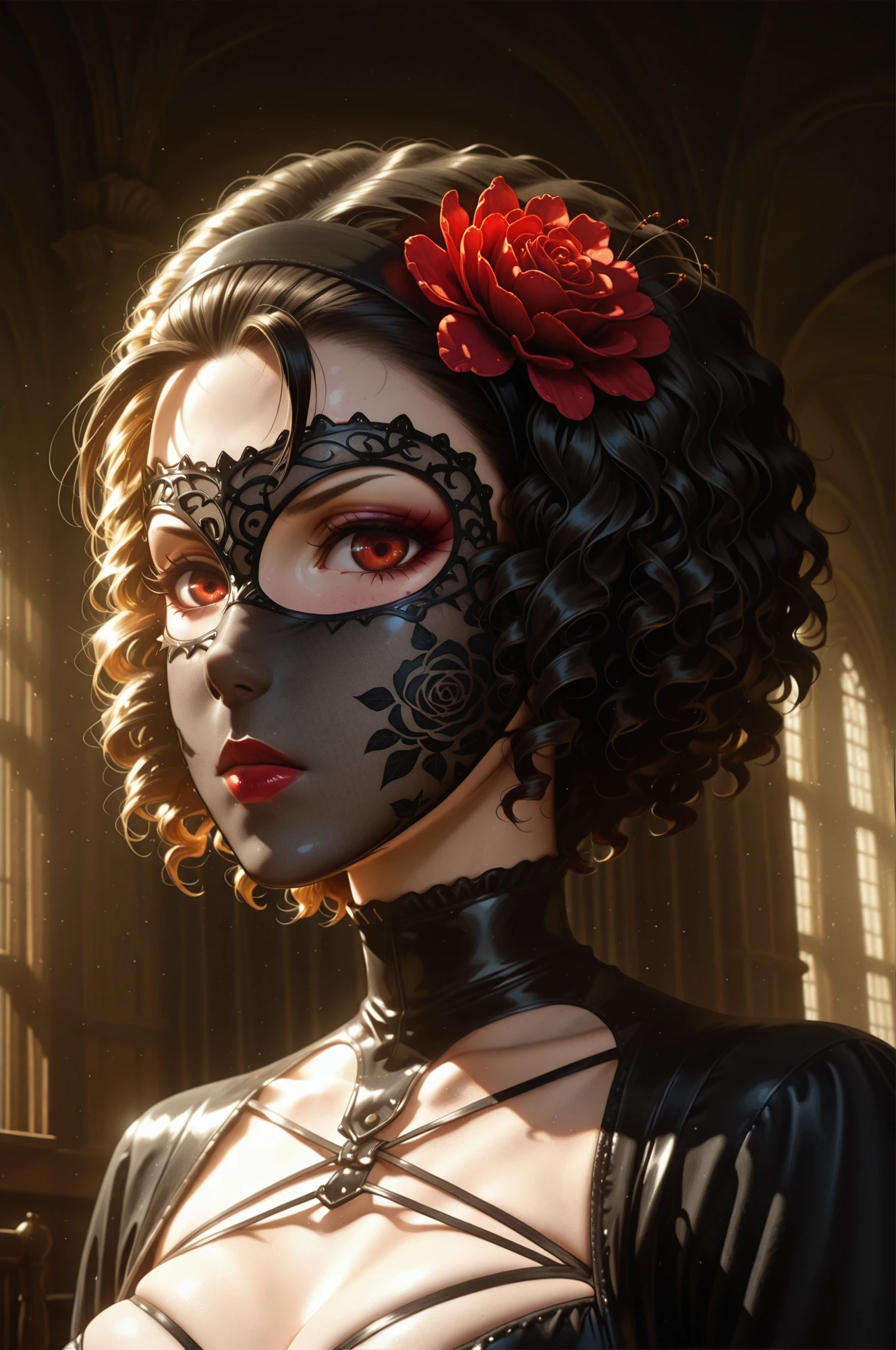 masterpiece, best quality, high resolution, 8k, stylized digital art, aesthetic illustration, amazing quality, very aesthetic, cinematic angle, photorealistic, dramatic lighting, half-body portrait,
Beast from Black Butler, black lace fantasy mask, full face mask,