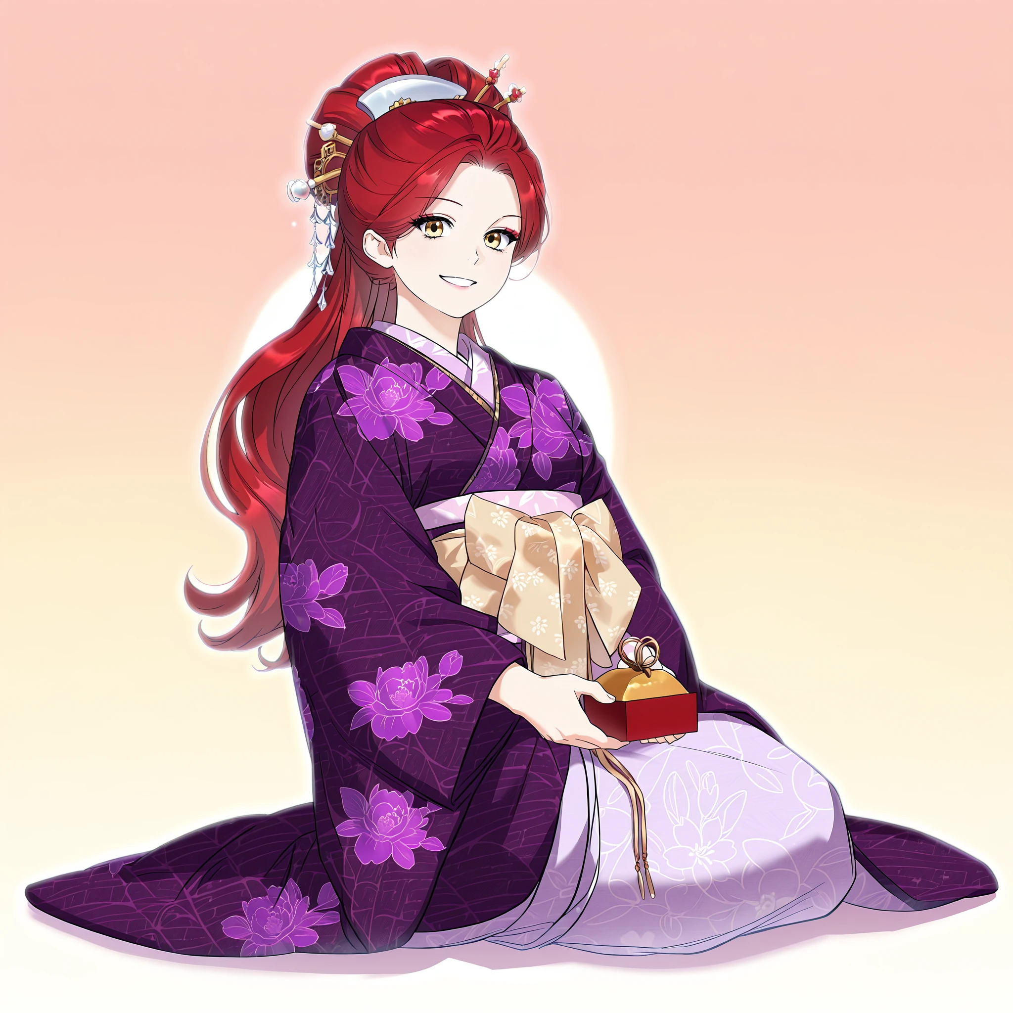 (masterpiece), (best quality), (ultra-detailed), (best illustration), (best shadow), (absurdres), (very aesthetic), 1girl, solo, <lora:Louvetria-Diorlos:1>, louvetria, red hair, golden eyes, long hair, <lora:oiran_illustrious_V1.0:1>, oiran,hair ornament, japanese clothes, kimono, floral print, kanzashi, makeup, holding, sitting, yokozuwari, full body, gradient background, looking at viewer, smile