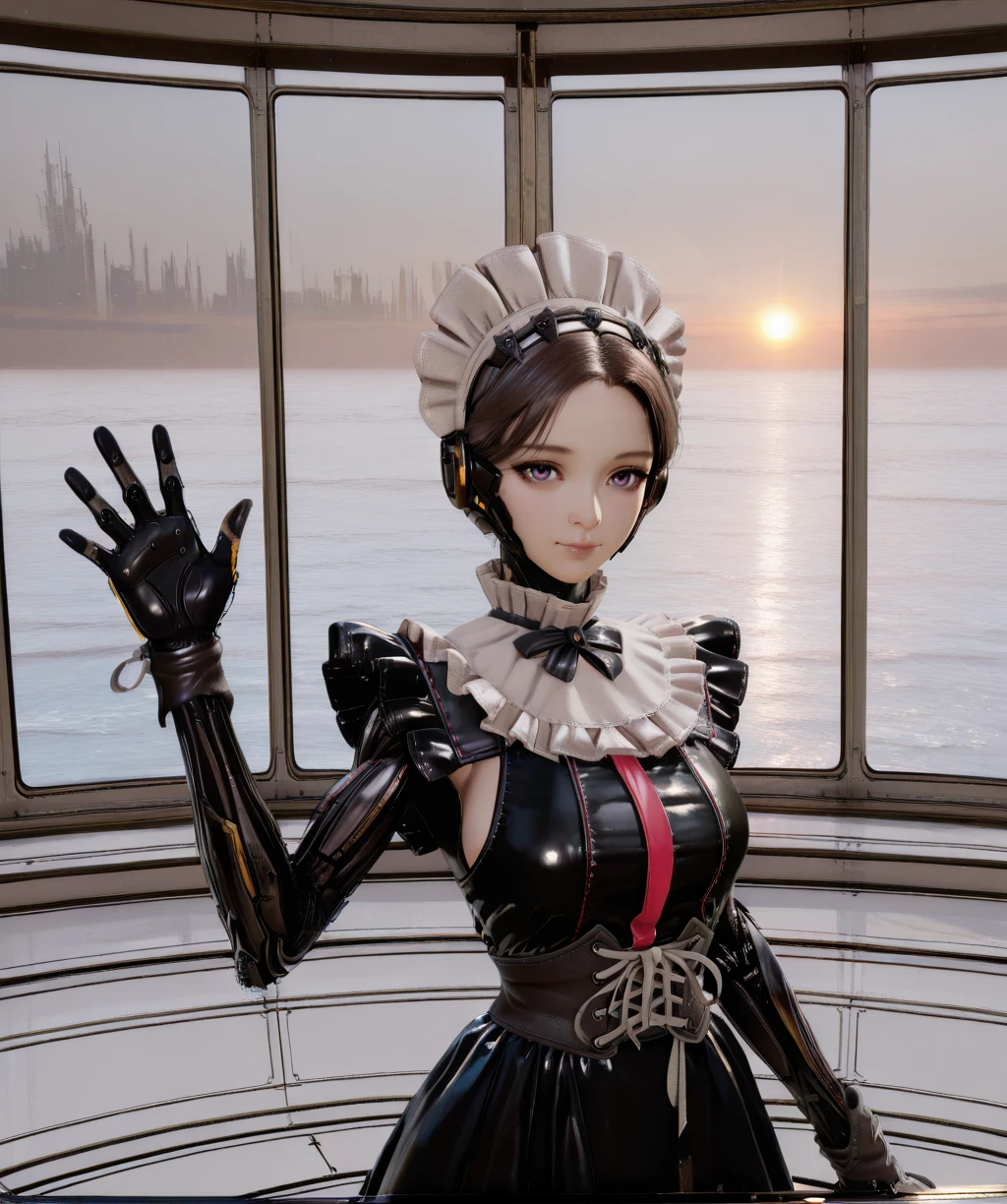 arisasbxl, brown hair, purple eyes, light smile,
maid, black dress, frills, headdress, mechanical arms, metal gloves, corset,
standing, looking at viewer, upper body,
window, morning,
seascape, waving,
science fiction,
clear composition, atmospheric haze, ambient occlusion,
(insanely detailed, masterpiece, best quality), <lora:MaidArisaSBxl-12v1-ILL:0.9>,