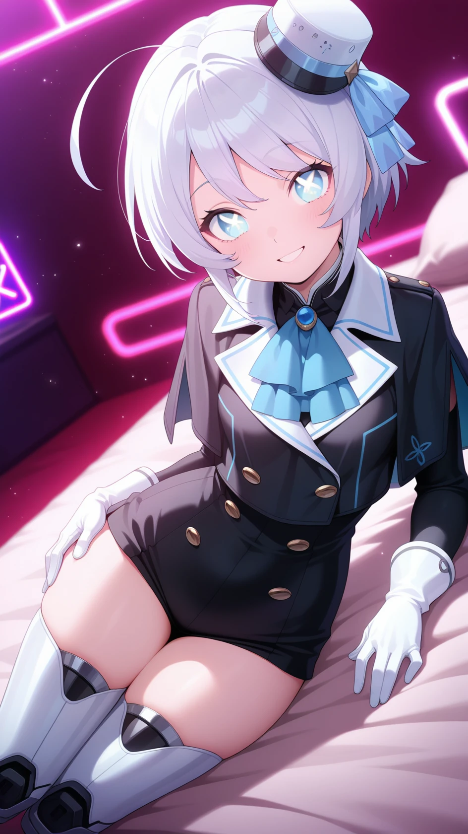 masterpiece, best quality, very high quality, ultra detailed, plain background, masterpiece, ,  (blurred background, nightclub, neon lights), ray tracing, more details, masterpiece, best quality, ultra-detailed, 8k, hyper-detailed skin,  light particles, absurdres, warm tone, , ambient light,
, very aesthetic, anime coloring, screencap, anime screencap, ,  looking at viewer,  , on bed, lying on bed,,,
<lora:pinoha-000030:0.9>, 1girl, solo, , blue eyes, gloves,  short hair,,white  mini  hat, , white hair, , white gloves, , +_+,  blue ascot, capelet, , black costume,  long sleeves,, , white robotic legs,   whie thighhighs,  smile,, masterpiece,best quality,amazing quality,