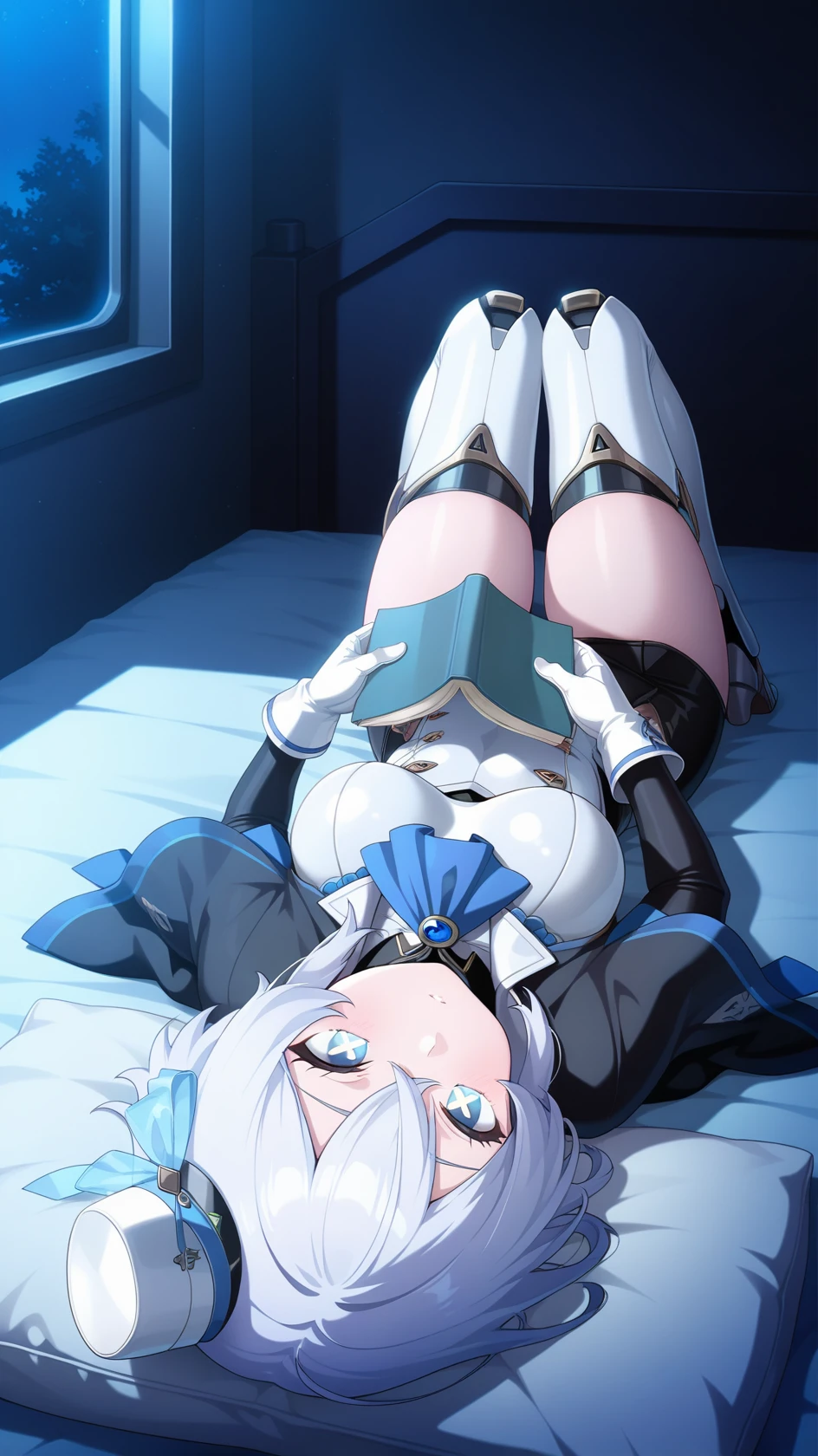 masterpiece, best quality, amazing quality, very aesthetic, absurdres, newest,detailed eyes,
anime coloring, screencap, anime screencap,
<lora:pinoha-000030:0.8>, 1girl, solo, , blue eyes, gloves, short hair,,white mini hat, , white hair, , white gloves, , +_+, blue ascot, capelet, , black long sleeves,, , white robotic legs, thighhighs, white armor on legs,
full body, looking at object, focused, , holding book, lying, knees up, reading, on bed, night, dark room, science fiction,, masterpiece,best quality,amazing quality,