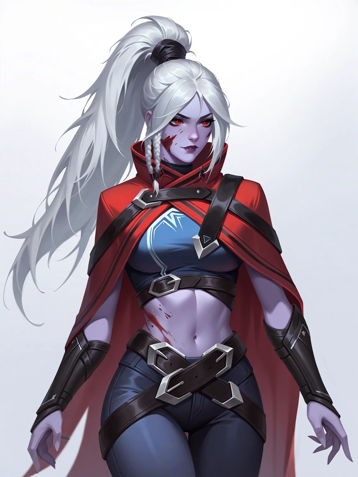 <lora:DotA_DrowArcana-IL:0.8> 1girl, solo, cowboy shot, white background, d2drwarc, white hair, ponytail, braid, sidelocks, red eyes, blood on face, colored skin, purple lips, red cape, crop top, midriff, bracers, belt, pants, DogePOS-NAI_30v