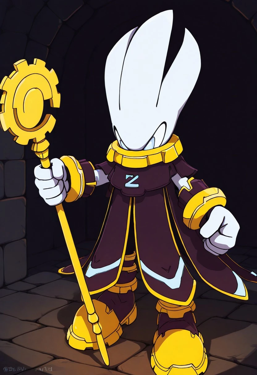 solo male, Imperator IX, white spiky hair, glowing light blue eyes, no mouth, no nose, large gold gear-shaped necklace, black robe, light blue markings on robe, white gloves, holding golden staff, golden shoes, fists clenched, dungeon, (high quality, masterpiece, 4K UHD),