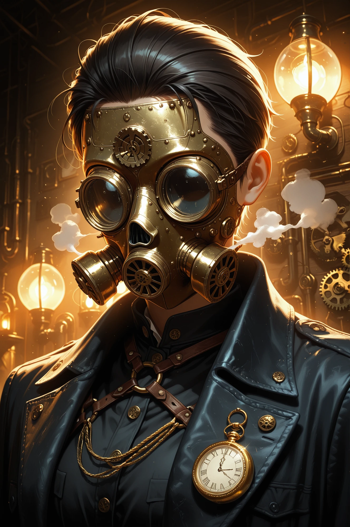 masterpiece, best quality, high resolution, 8k, stylized digital art, aesthetic illustration, amazing quality, very aesthetic, cinematic angle, photorealistic, dramatic lighting, 
industrial steampunk workshop with gears and steam pipes, portrait of a strong man, male,  wearing ornate brass gas mask with multiple round lenses and breathing tubes, full face mask, short hair, slicked back, partly visible under leather straps, Victorian-inspired coat with brass buttons, leather harness, pocket watch chain, warm glow of lamps reflecting on mask, faint smoke in the air