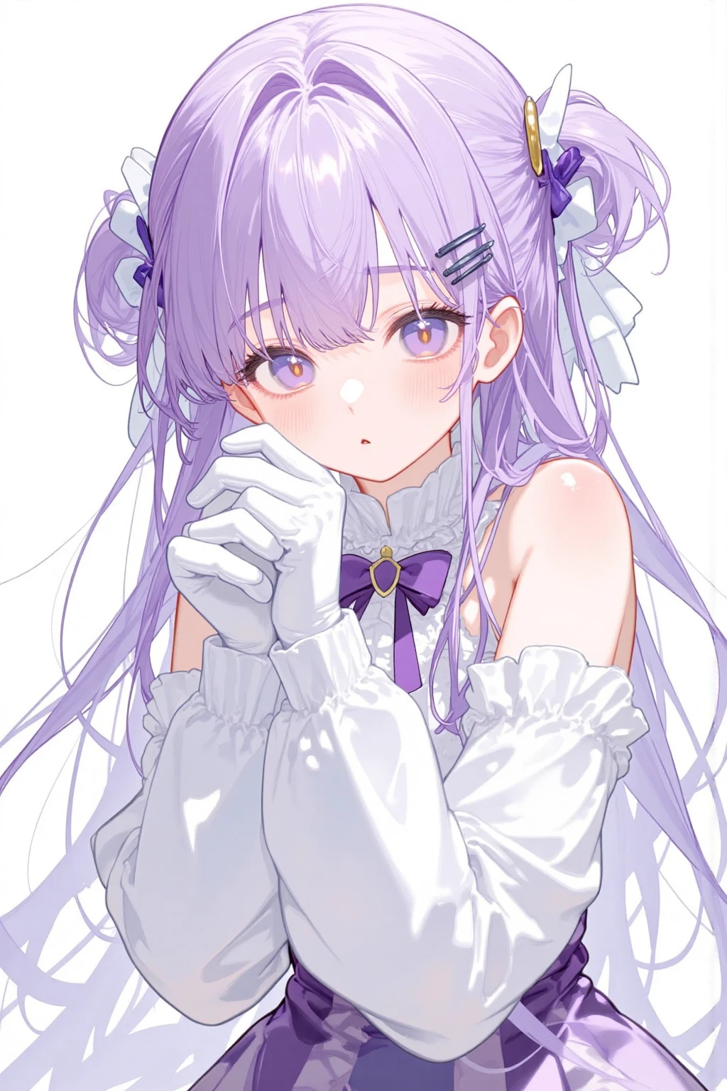 acgn,white dress, purple eyes, white gloves, white choker,  shoulders, dress, 1girl, white background, long hair, hair between eyes, sfw, white gloves, simple background, solo, original, purple bow, choker, bangs, long sleeves, parted lips, purple bowtie, looking at viewer, bow, gloves, purple bowtie,  arms, hair ornament, purple hair,  shoulder, bowtie, collarbone, white bow, white hair
