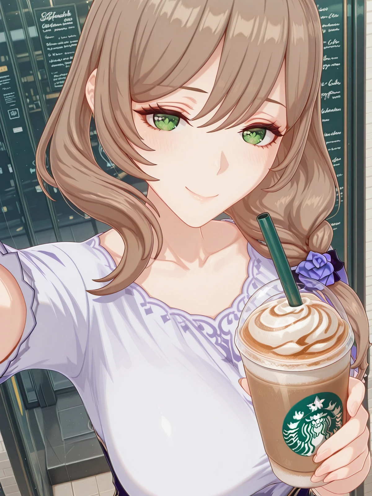 masterpiece, best quality, amazing quality,, <lora:genshin-lisa-minci-ingame-illustriousxl-lora-nochekaiser:1>, lisa minci, lisa (genshin impact), brown hair, green eyes, long hair, low tied hair, mature female, breasts, 3d, <lora:selfie-holding-starbucks-cup-illustriousxl-lora-nochekaiser:1>, selfie holding starbucks cup, starbucks, solo, looking at viewer, blush, smile, holding, upper body, cup, holding cup, drinking straw, reaching, drink, disposable cup, selfie, reaching towards viewer,, , ,