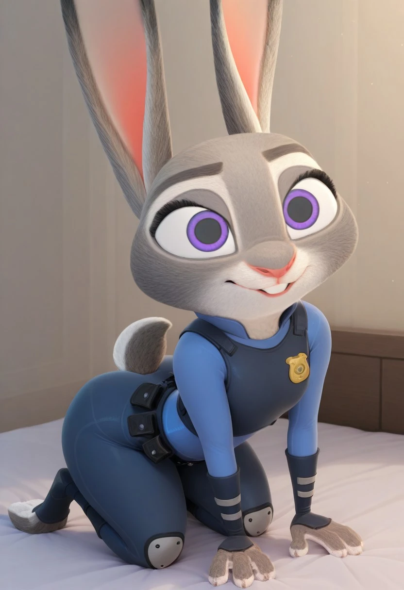 masterpiece, best quality, newest, absurdres, highres, 1girl, solo, furry, anthro, rabbit girl, judyhoppsILL, rabbit ears, purple eyes, grey fur, blue police uniform, toeless legwear, vest, blue pants, buckteeth, judy hopps, zootopia