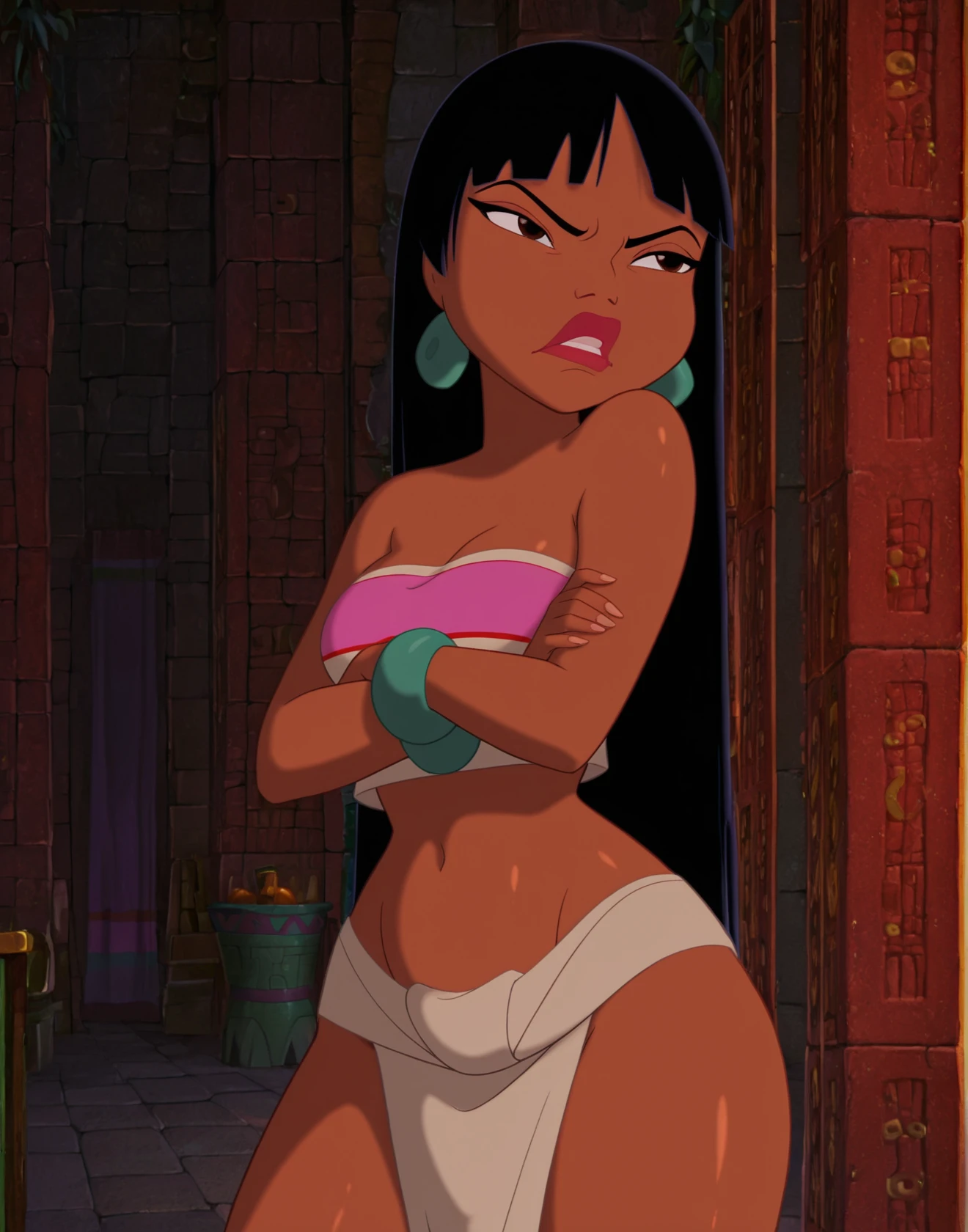 masterpiece, best quality, 1girl, solo, trtelche, chel, (the road to Eldorado), black hair, bangs, long hair, dark-skinned female, midriff, tube top, loincloth, lips, <lora:ChelER_IL:1> inside, crossed arms, angry,