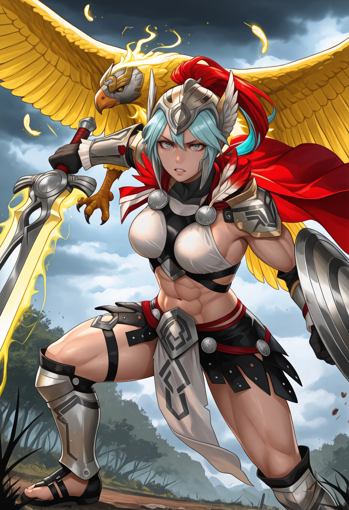 masterpiece, best quality, 1girl, grey eyes, Aqua hair, short hair, hair between eyes, sidelocks, , toned, (mole under eye:0.9), 
abs, navel, biceps,
high ponytail, multicolored ponytail, red ponytail, white ponytail, winged helmet, scale helmet, red cape, feather collar, silver pauldrons, metal gorget, black harness, harness between , covered collarbone, white shirt, sleeveless shirt, halter shirt, biceps, black gloves, silver gauntlets, midriff, navel, white loincloth, armored skirt, leather skirt, black thigh strap, armored boots, silver knee boots, black sandals,
looking at viewer, serious, teeth, holding sword, holding shield, fighting stance, 
outdoors, scenery, nature, battlefield, cloudy sky, yellow bird, huge bird, yellow eagle, glowing bird, magical energy, magical glow, glowing aura,
<lora:Dagr-Fire-Emblem-NoobAi-1.1_V1-Manityro-CAME:1.0>,