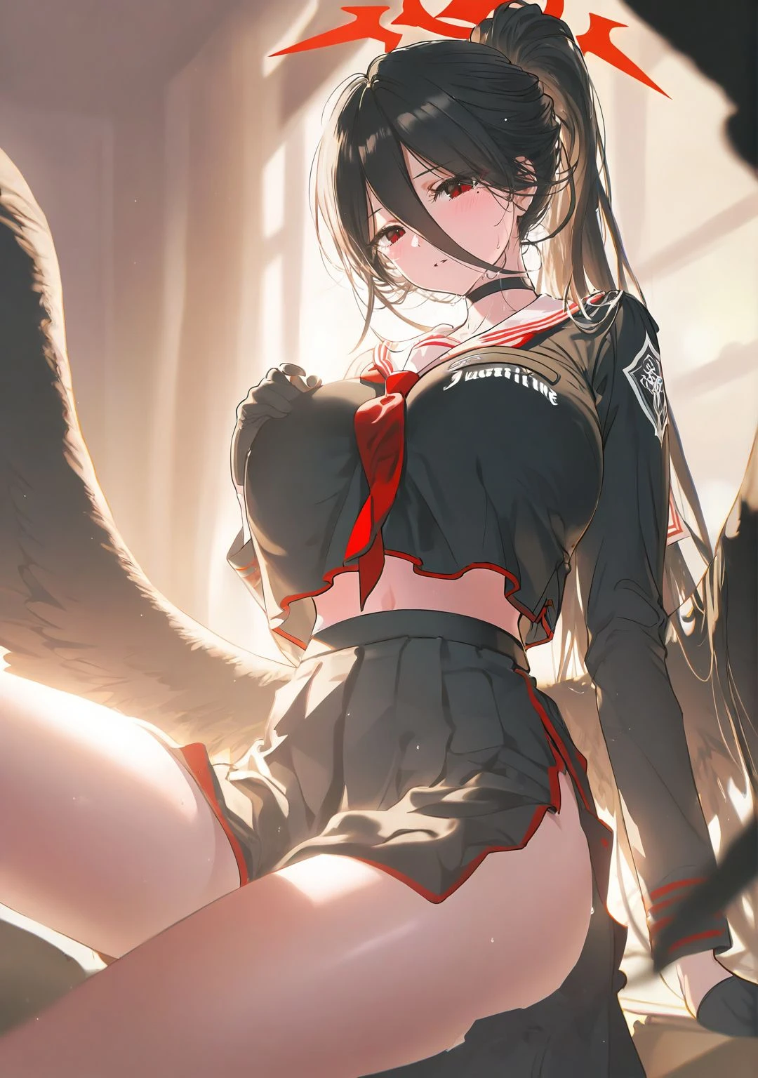 highres,extremely detailed 8k wallpaper,illustration,depth of field,great quality,masterpiece,best quality,amazing quality,very aesthetic,absurdres,detail eyes,rim light,Volumetric Lighting,backlighting,
(artist:tokkyu:0.7),(artist:tokkyu:yoneyama_mai:0.5),(artist:ran'ou_(tamago_no_kimi):0.5),(artist:atdan:0.5),artist:yolanda,artist:rella,(artist:vixen),year 2023 BREAK
nai4 shiny style,<lora:nai4 shiny style V2:1>, -1girl, gloves, hasumi (blue archive), solo, halo, , black gloves, school uniform, skirt, black hair, red eyes, long hair, serafuku, wings, , choker, black serafuku, black wings, black skirt, neckerchief, sailor collar, ponytail, pleated skirt, mole, long sleeves, red neckerchief, hair between eyes, mole under eye, black choker, feathered wings, bangs, shirt