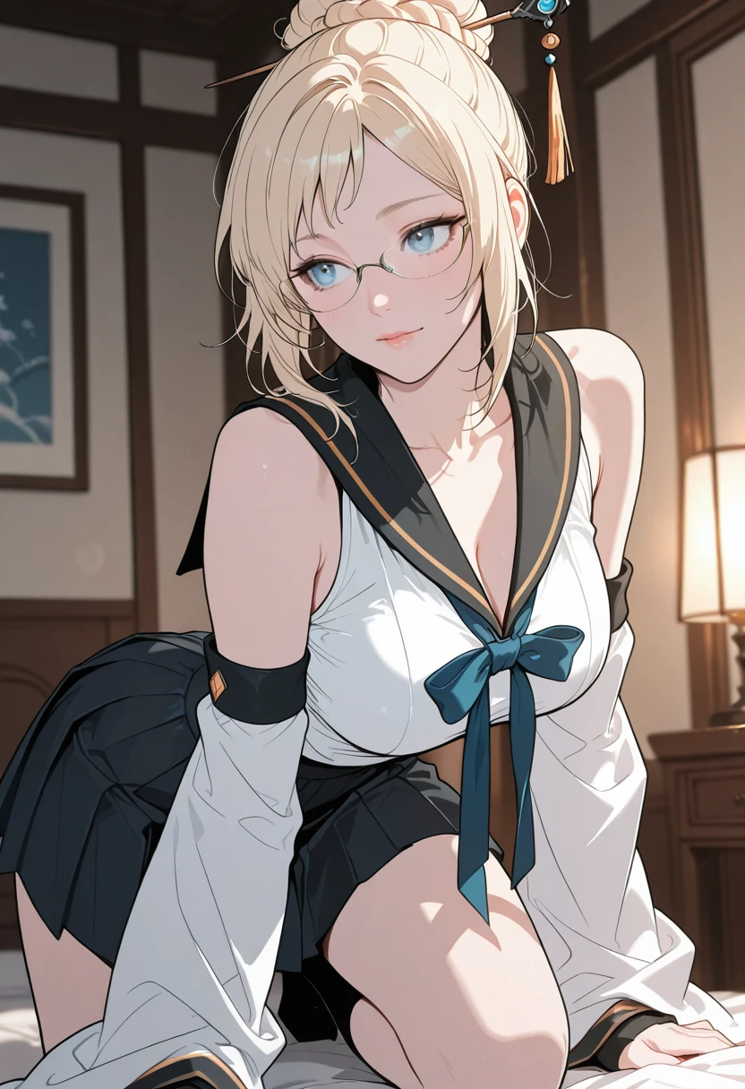 HDR, masterpiece, best quality, very aesthetic, (realistic:1.1), (flat color:1.5),
bibi, 1girl, solo, blue eyes, blonde hair, glasses, hair bun, single hair bun, hair stick, braid,
dress, black sailor collar, detached sleeves, wide sleeves, bare shoulders, white shirt, sleeveless shirt, pleated skirt, elbow gloves, large breasts, detailed background, bedroom, kneeling, sensual, dim light, beautiful face