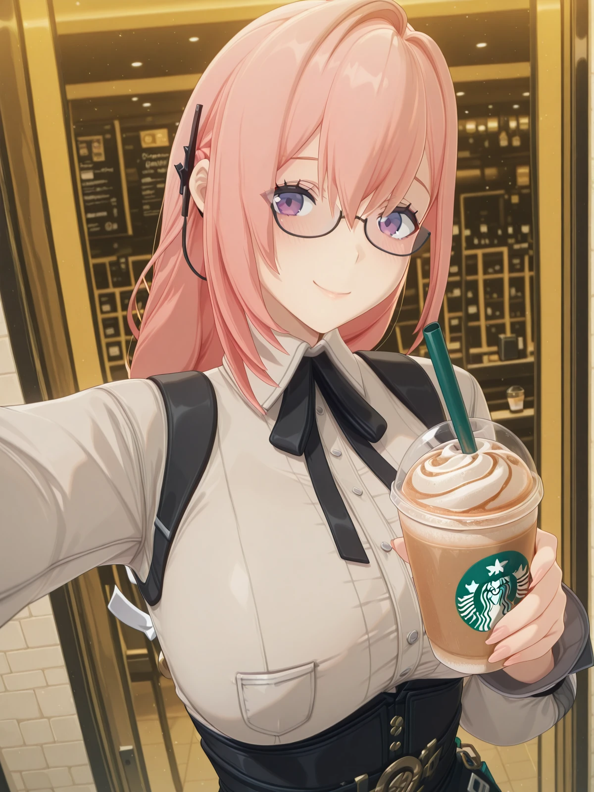 masterpiece, best quality, amazing quality,, <lora:zzz-yanagi-tsukishiro-ingame-illustriousxl-lora-nochekaiser:1>, yanagi tsukishiro, tsukishiro yanagi, black-framed eyewear, glasses, long hair, pink hair, purple eyes, hair between eyes, mature female, large breasts, 3d, <lora:selfie-holding-starbucks-cup-illustriousxl-lora-nochekaiser:1>, selfie holding starbucks cup, starbucks, solo, looking at viewer, blush, smile, holding, upper body, cup, holding cup, drinking straw, reaching, drink, disposable cup, selfie, reaching towards viewer,, , ,