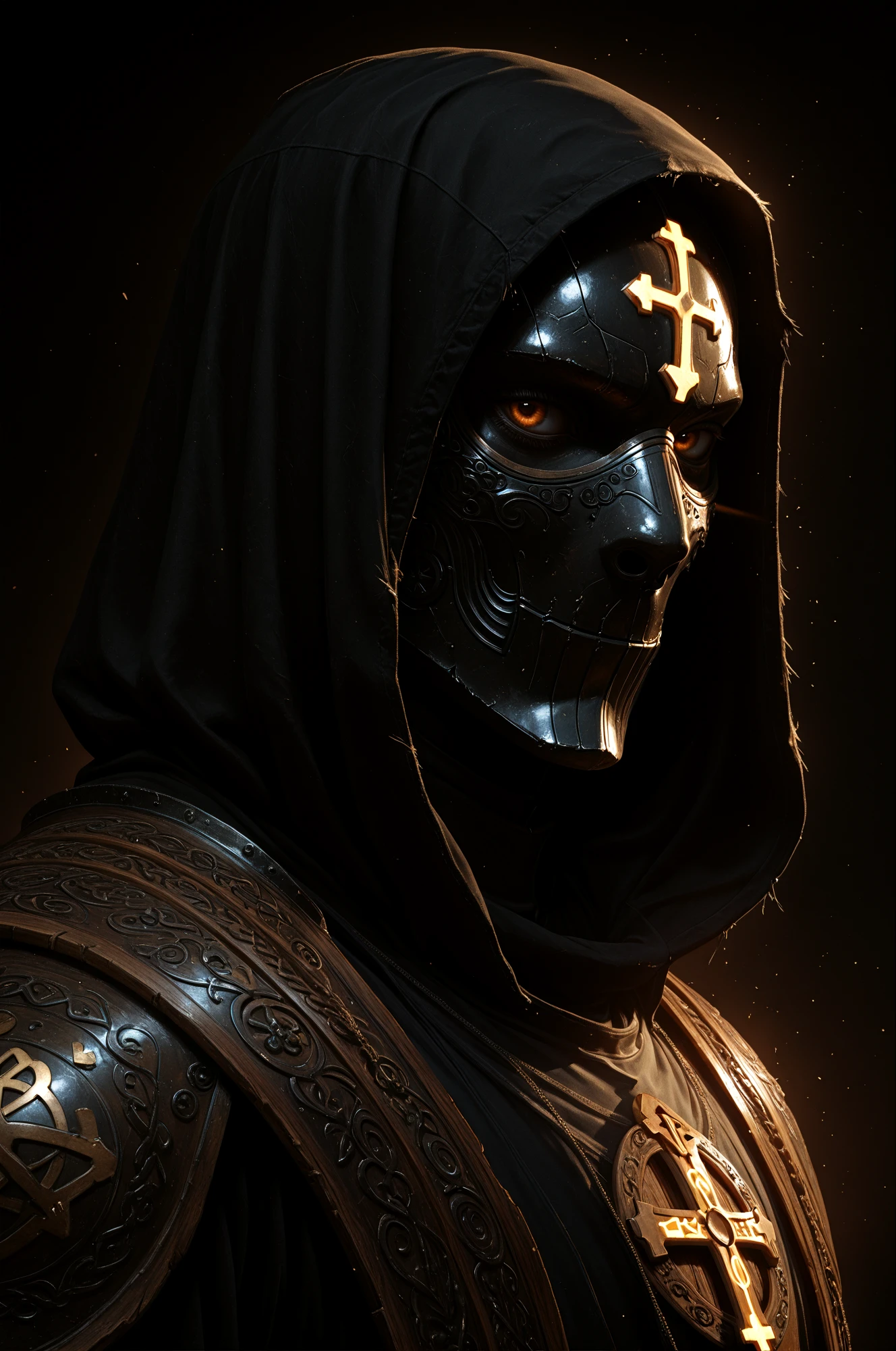 masterpiece, best quality, high resolution, 8k, stylized digital art, aesthetic illustration, amazing quality, very aesthetic, cinematic angle, photorealistic, dramatic lighting, 
three-quarter view, portrait of male, black short hair, armor, full face mask, open priest's clothes, mask made from a piece of wood with carved runes, dark background