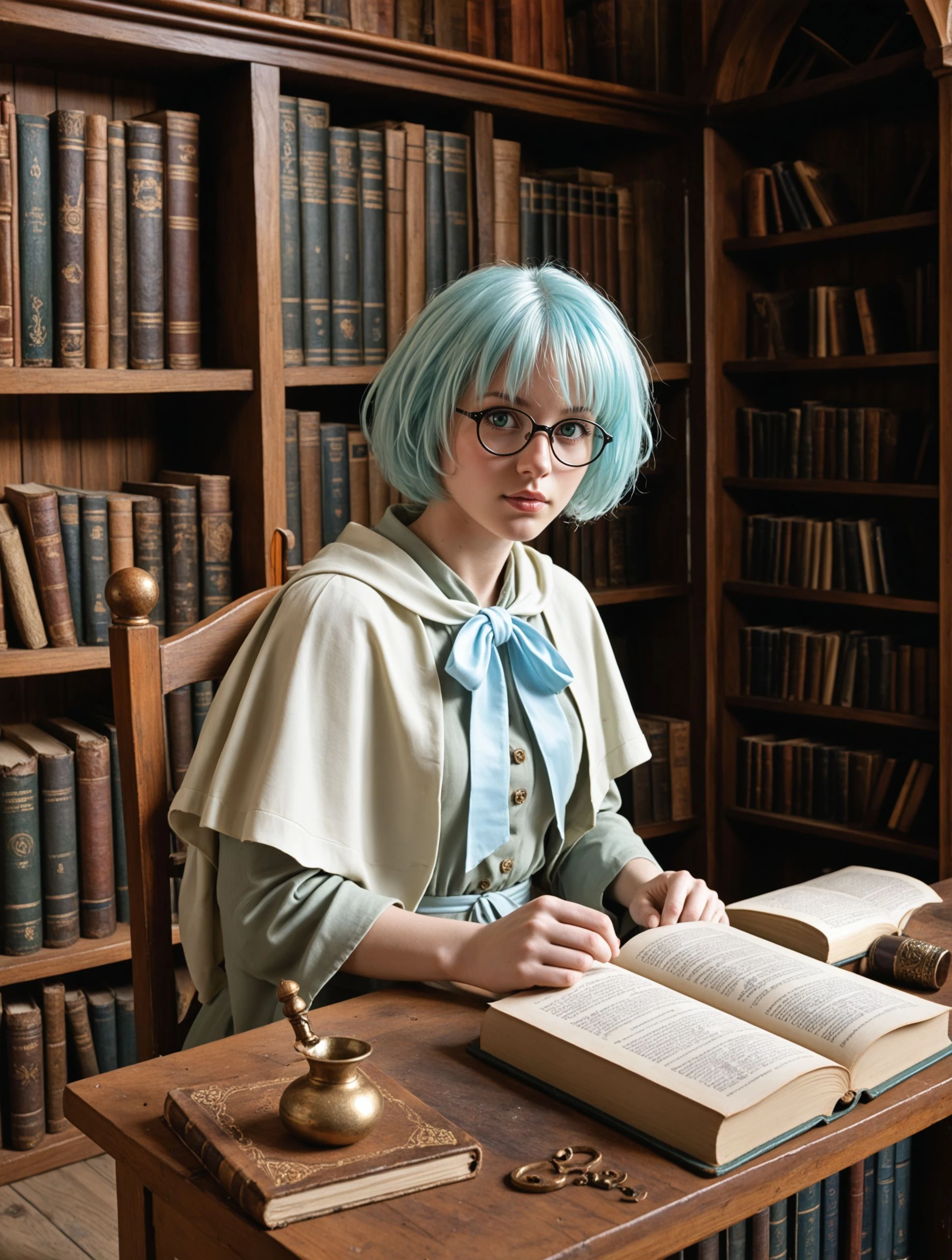 Lelei_La_Lalena, short hair, 1girl, solo, wearing scholar's robes, glasses, sitting at a desk, deciphering an ancient scroll, books floating in the air around her, engrossed, thoughtful, concentrating, magical glow from the scroll illuminating her face, dust particles in the air, from above, vast ancient library with floor-to-ceiling bookshelves, artifacts, astrolabes, score_9, score_8_up, fantasy, atmospheric, masterpiece, detailed background, cinematic lighting  <lora:Lelei La Lalena_Pony:1>