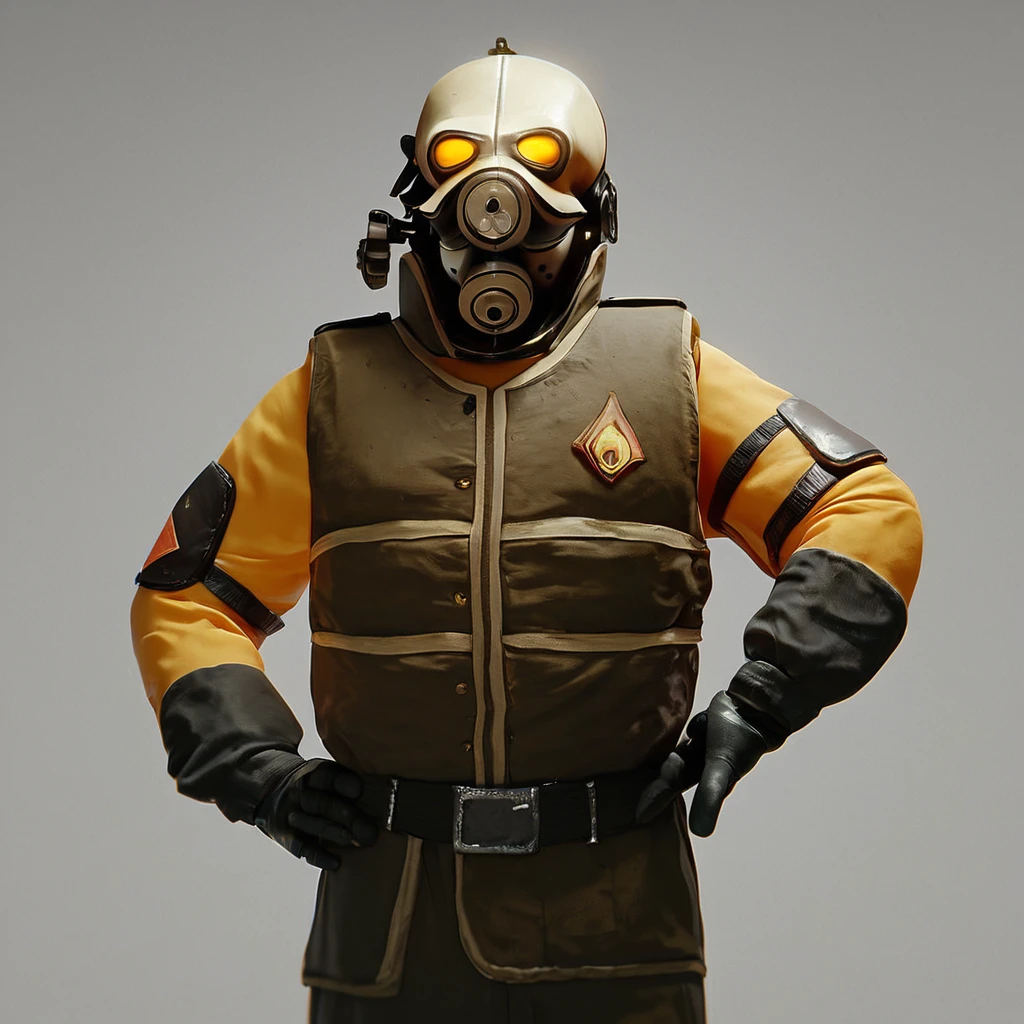 score_9, score_8_up, score_7_up, hl2beta, gas mask, flak vest, pointing at viewer, hand on hip, uniform