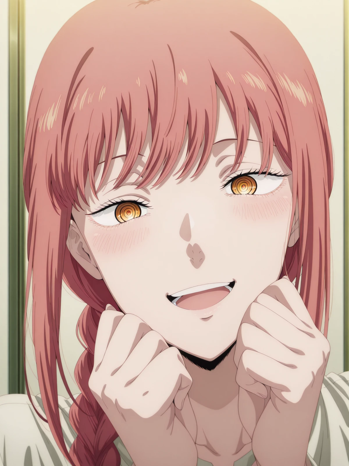 masterpiece, best quality, amazing quality,, <lora:chainsawman-makima-s1-illustriousxl-lora-nochekaiser:1>, makima, makima (chainsaw man), long hair, bangs, yellow eyes, braid, red hair, braided ponytail, ringed eyes, mature female, medium breasts, anime screencap, <lora:amane-himeno-photoshoot-illustriousxl-lora-nochekaiser:1>, amane himeno photoshoot, solo, looking at viewer, blush, smile, open mouth, one eye closed, hands up,, , ,