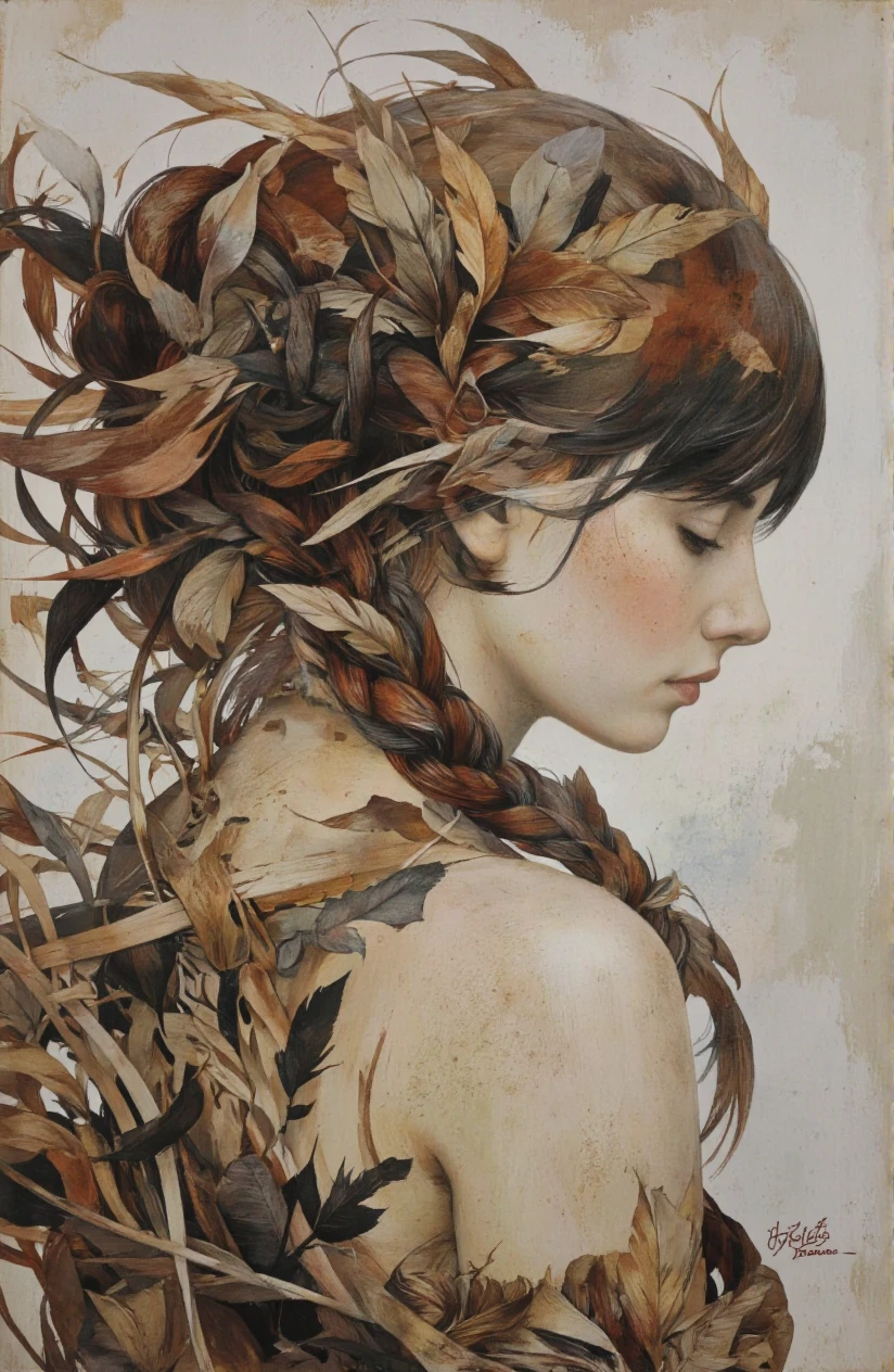 HaruNaka style. A beautiful and captivating portrait of a woman, captured from a profile angle, featuring a graceful silhouette of a young woman with long, flowing hair made of dried leaves in various shades of brown and black, set against a soft, muted background. the woman appears to be in her mid-twenties, with a serene expression and her eyes closed, as if lost in thought. her hair is intricately woven and cascades down her back, with strands of dried grass framing her face and body, creating a sense of movement and energy. the painting is done in a realistic style, with careful attention to detail in the texture and shading, making it a captivating and dreamlike piece of art. the artist's signature is visible in the bottom right corner, adding a touch of authenticity to the artwork. the artwork is signed by the artist himself, and the artist has captured the beauty of the woman's delicate features and the texture of the dried leaves, making her look almost lifelike.
1girl, solo, long hair, looking at viewer, closed mouth, brown hair, closed eyes, upper body, braid, artist name, profile, hair bun, from side, profile picture, portrait, abstract, nature, mixed media, portrait photography, portrait background, feather hair, abstract hair, dried leaves
camera_angle: profile, art_style: painting, location: NA, background: soft, blurred background with subtle colors and textures, textured with dry leaves, text: NA;NA, distance_to_camera: full body;full body, clothing: woven leaves;textured with strips of leaves, image_composition: middle;close up, pants: NATURE;NATURAL, accessory: NATURA;NATURA, shoes: NATURAL;NATURE, hair_color: brown;black, action: N/a;NA;NA , facing_direction: facing viewer;facing viewer, eye_direction : NA;N/a, facial_expression: serene;serene, gender: 1woman;1woman, hair _color: red hair;brown hair, hair style: long hair;braided hair, styled differently, race: light skin;light skin, body: slim;slim