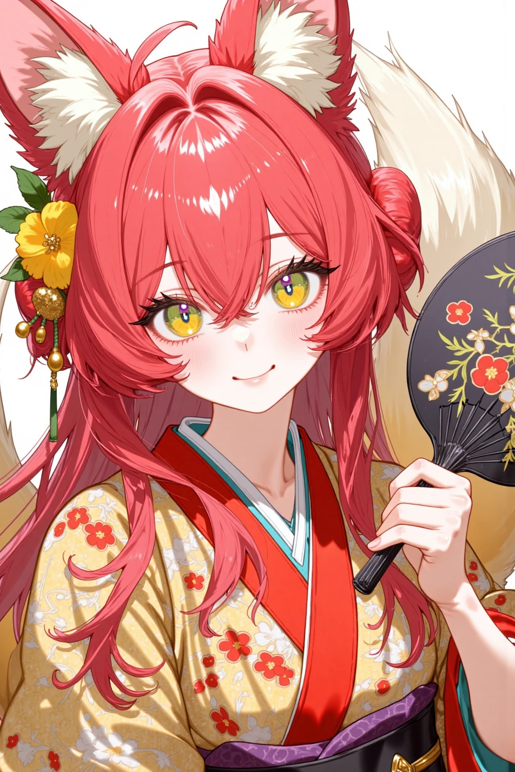 acgn,japanese clothes, yellow eyes, kimono, fox ears, long hair, sfw, fox tail, animal ears, 1girl, animal ear fluff, flower, yellow flower, fox girl, red hair, yellow eyes, animal tail, hair ornament, holding, looking at viewer, solo, floral print, traditional japanese clothes, smile, hair flower, hair between eyes, holding fan, fox girl (arknights), fan (handheld), bangs, arknights, obi, red_obi