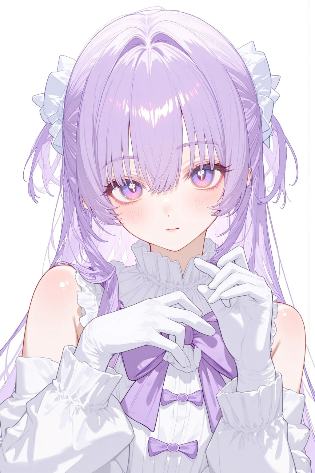 acgn,white dress, purple eyes, white gloves, white choker,  shoulders, dress, 1girl, white background, long hair, hair between eyes, sfw, white gloves, simple background, solo, original, purple bow, choker, bangs, long sleeves, parted lips, purple bowtie, looking at viewer, bow, gloves, purple bowtie,  arms, hair ornament, purple hair,  shoulder, bowtie, collarbone, white bow, white hair