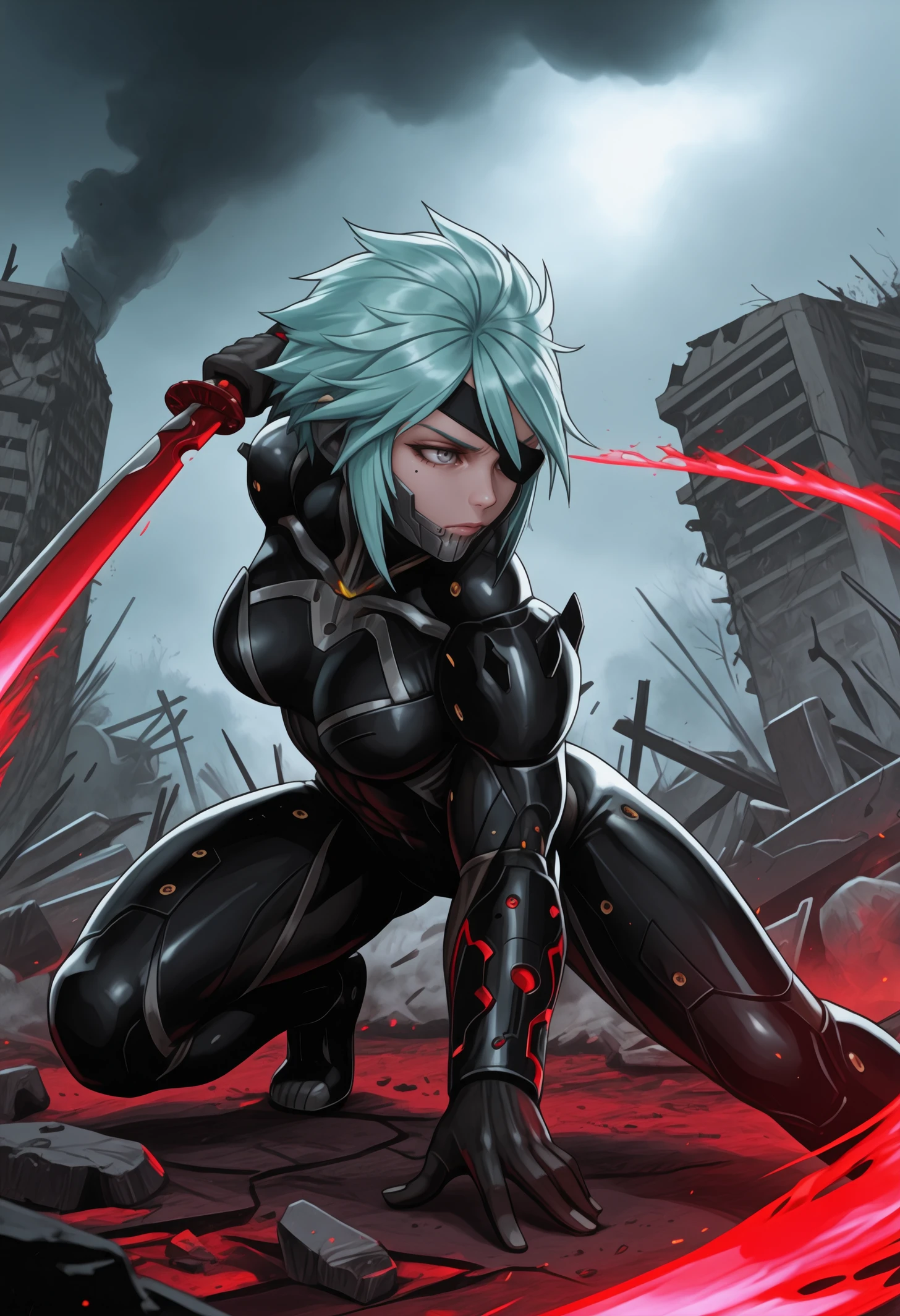 masterpiece, best quality, 1girl, grey eyes, Aqua hair, short hair, hair between eyes, sidelocks, medium breasts, toned, (mole under eye:0.9),
spiked hair, eyepatch, cyborg, mechanical chin, black bodysuit, mechanical mouth,
looking at viewer, serious, crouched, stance, unsheathing, holding katana, red blade, red energy blade, dynamic pose, arm at side,
outdoors, battlefield, ruins, scenery, smoke, overcast, foreshortening, side view,
<lora:RaidenMGRR_illusXLNoobAI_Incrs_v1:1.0>
<lora:Dagr-Fire-Emblem-NoobAi-1.1_V1-Manityro-CAME:1.0>,