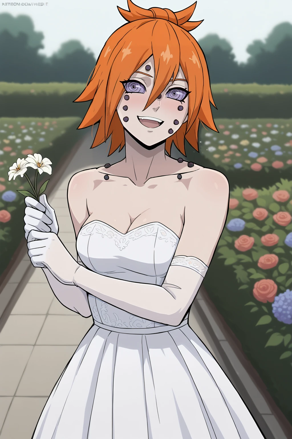 masterpiece, best quality, very aesthetic, amazing quality, highres, absurdres, normal quality, chikushodo, orange hair, purple sclera, ringed eyes, piercing, (artist:hedit:0.75), looking at viewer, wedding dress, collarbone, cleavage,, holding flowers, outdoors, white background, blurry background, flower garden scenario, cowboy shot, piercing on hands, :d, happy, open mouth, forehead, hair between eyes