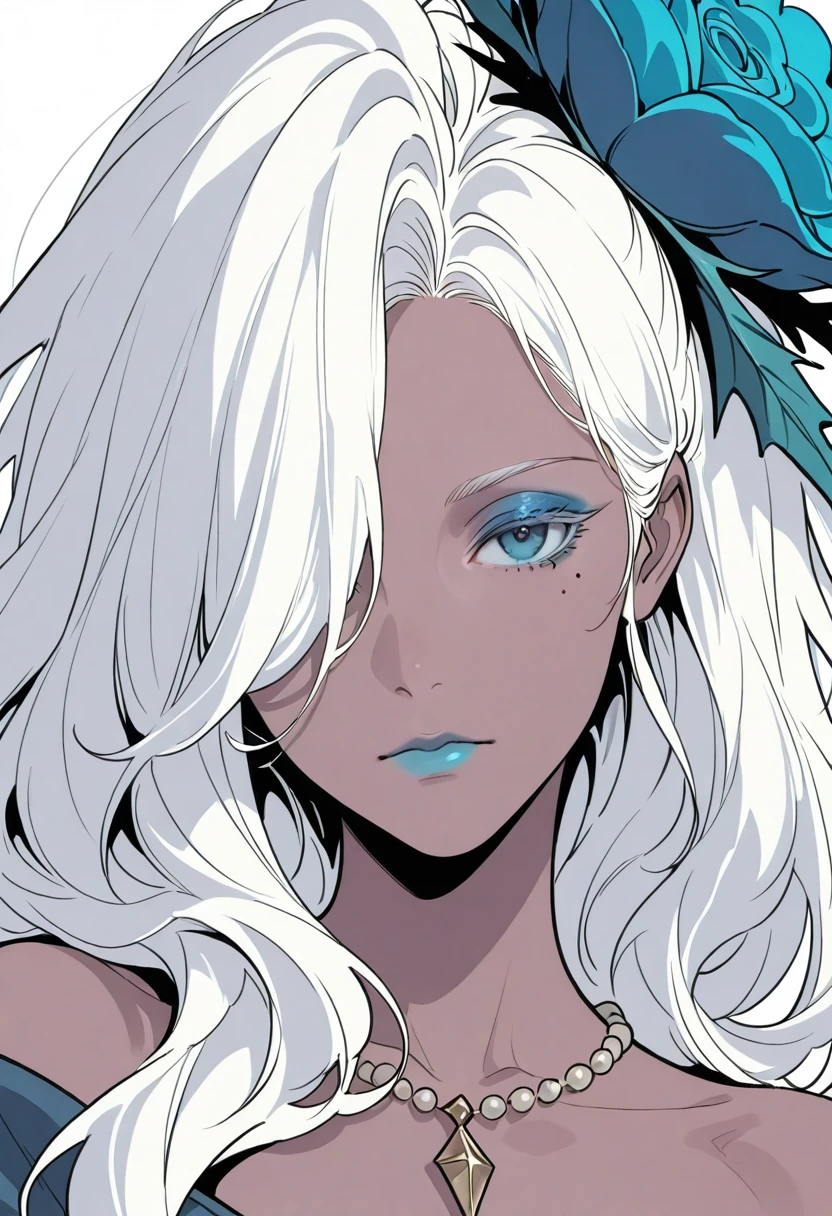 HDR, masterpiece, best quality, very aesthetic, (realistic:1.1), (flat color:1.5),
sharan, 1girl, solo, long hair, looking at viewer, blue eyes, simple background, hair ornament, white background, closed mouth, jewelry, collarbone, white hair, flower, dark skin, hair flower, necklace, mole, hair over one eye, dark-skinned female, mole under eye, makeup, portrait, lipstick, eyeshadow, blue flower, blue lips, blue eyeshadow