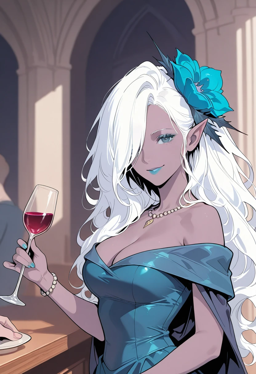 HDR, masterpiece, best quality, very aesthetic, (realistic:1.1), (flat color:1.5),
sharan, 1girl, long hair, breasts, looking at viewer, smile, blue eyes, large breasts, hair ornament, dress, holding, cleavage, jewelry, white hair, flower, pointy ears, solo focus, hair flower, off shoulder, necklace, hair over one eye, bracelet, cup, dark-skinned female, makeup, colored skin, blue dress, holding cup, blue nails, drinking glass, blue flower, wine glass, blue lips