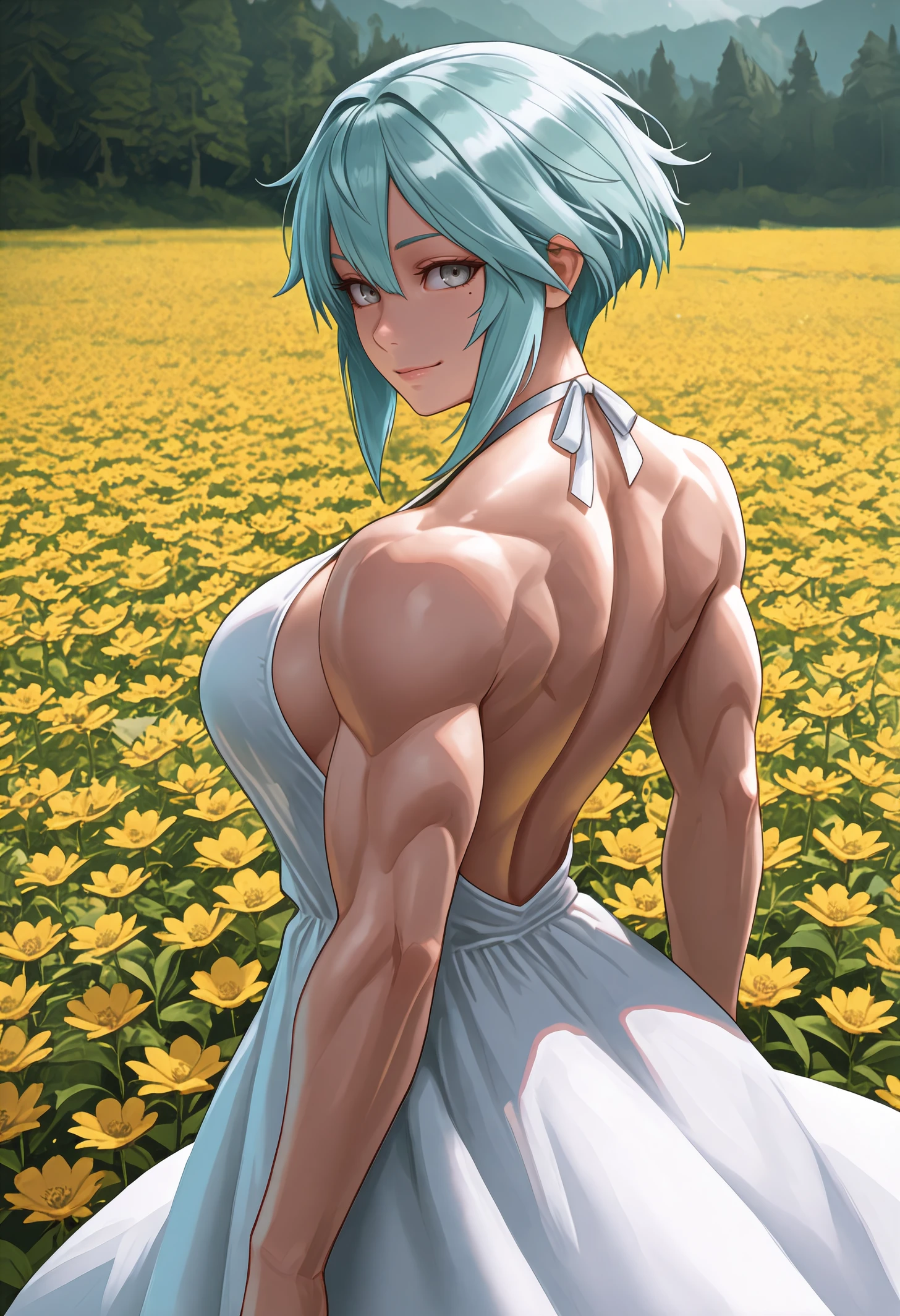 masterpiece, best quality, 1girl, grey eyes, Aqua hair, short hair, hair between eyes, sidelocks, , toned, mole under eye,
white dress, sundress, backless dress, halterneck,
standing, looking back, looking at viewer, arms at sides, biceps, happy,
flower field, windy, outdoors, scenery, nature,
<lora:Dagr-Fire-Emblem-NoobAi-1.1_V1-Manityro-CAME:1.0>,