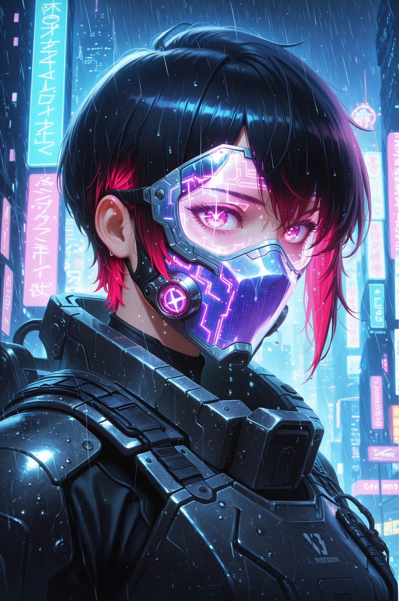 masterpiece, best quality, high resolution, 8k, stylized digital art, aesthetic illustration, amazing quality, very aesthetic, cinematic angle, photorealistic, dramatic lighting, 
neon city skyline, holograms glowing in rain, portrait of a woman, mercenary in cybernetic mask with LED lights and breathing tubes, full face mask, mask with angular design, glowing circuit patterns across surface, short hair neon-colored hair visible around mask, tactical suit with glowing wires, rain drops sparkling on mask, neon reflections in background