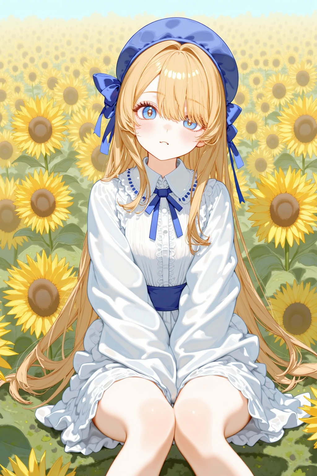 acgn,sunhat,white dress,blue eyes,looking at viewer,dress,hat,long hair,sfw,bangs,blonde hair,solo,blush,original,sitting,eyebrows visible through hair,sunflower,1girl,blue bow,blue bowtie,bows,long sleeves,sunflower field,field,bowtie,hair bows,very long hair,sunflower (flower),flowers,hat bow,blue bowtie,long hair over one eye,hair between eyes,