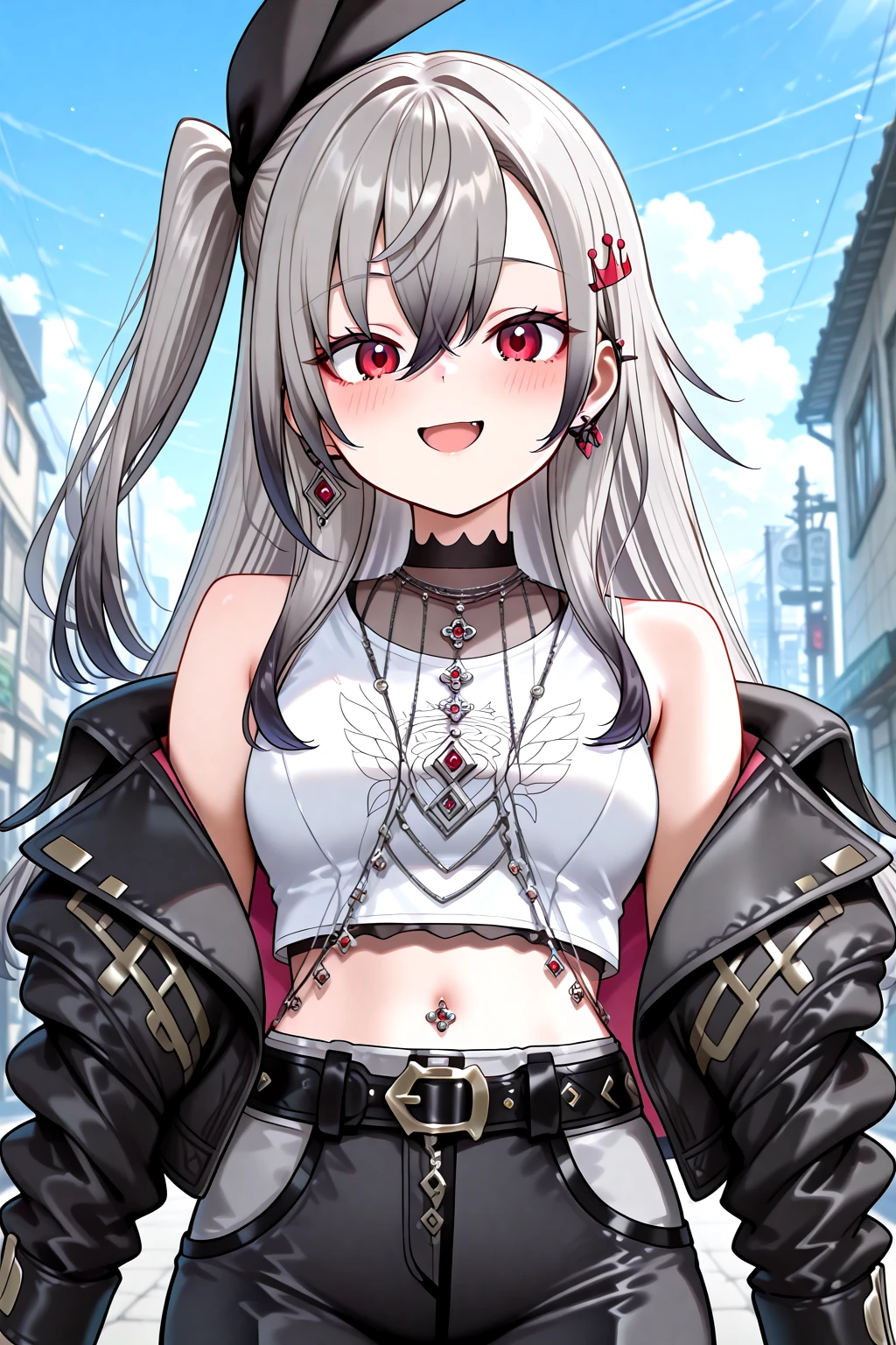 masterpiece, best quality, amazing quality, 1girl, solo, makeup, general, full shot, looking at viewer, blush, dramatic angle, smile, confident, open mouth, sky, street, city, road, outdoors, <lora:Hololive_Riona:1>, Hololive_Riona, long hair, red eyes, grey hair, hair ornament, hairclip, black hair ribbon, hair between eyes, side ponytail, one side up, breasts, sidelocks, nail polish, jewelry, piercing, navel piercing, earrings, necklace, white shirt, sleeveless shirt, crop top, bare shoulders, navel, midriff, belt, pants, black jacket, open jacket, <lora:wai-A3-V140:1>, <lora:illustrious_noobai_epsilon_pred_1_masterpieces_v1:1>