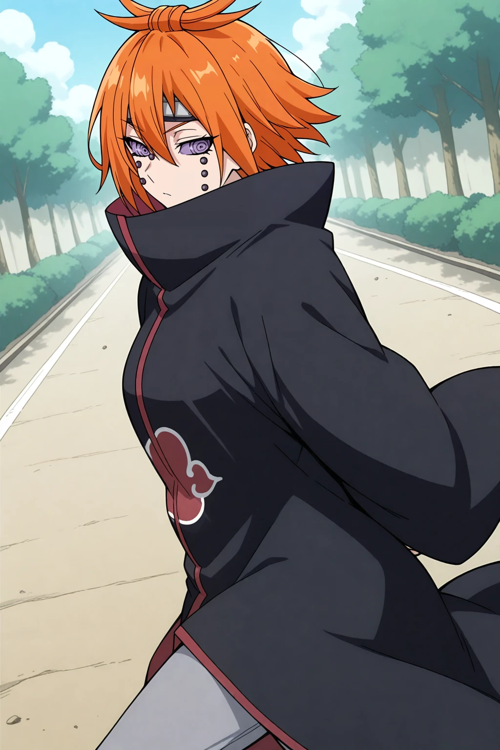 masterpiece, best quality, absurdres, highres, normal quality, very aesthetic, anime screencap, chikushodo, 1girl, orange hair, forehead protector, piercing, (akatsuki uniform), cowboy shot, (looking at viewer, looking down), purple sclera, ringed eyes, outdoors, half-closed eyes, big sleeves, (collarbone:0.75), cowboy shot, grey bottom, running, action, motion blure, ducht angle, [from side], arms behind back