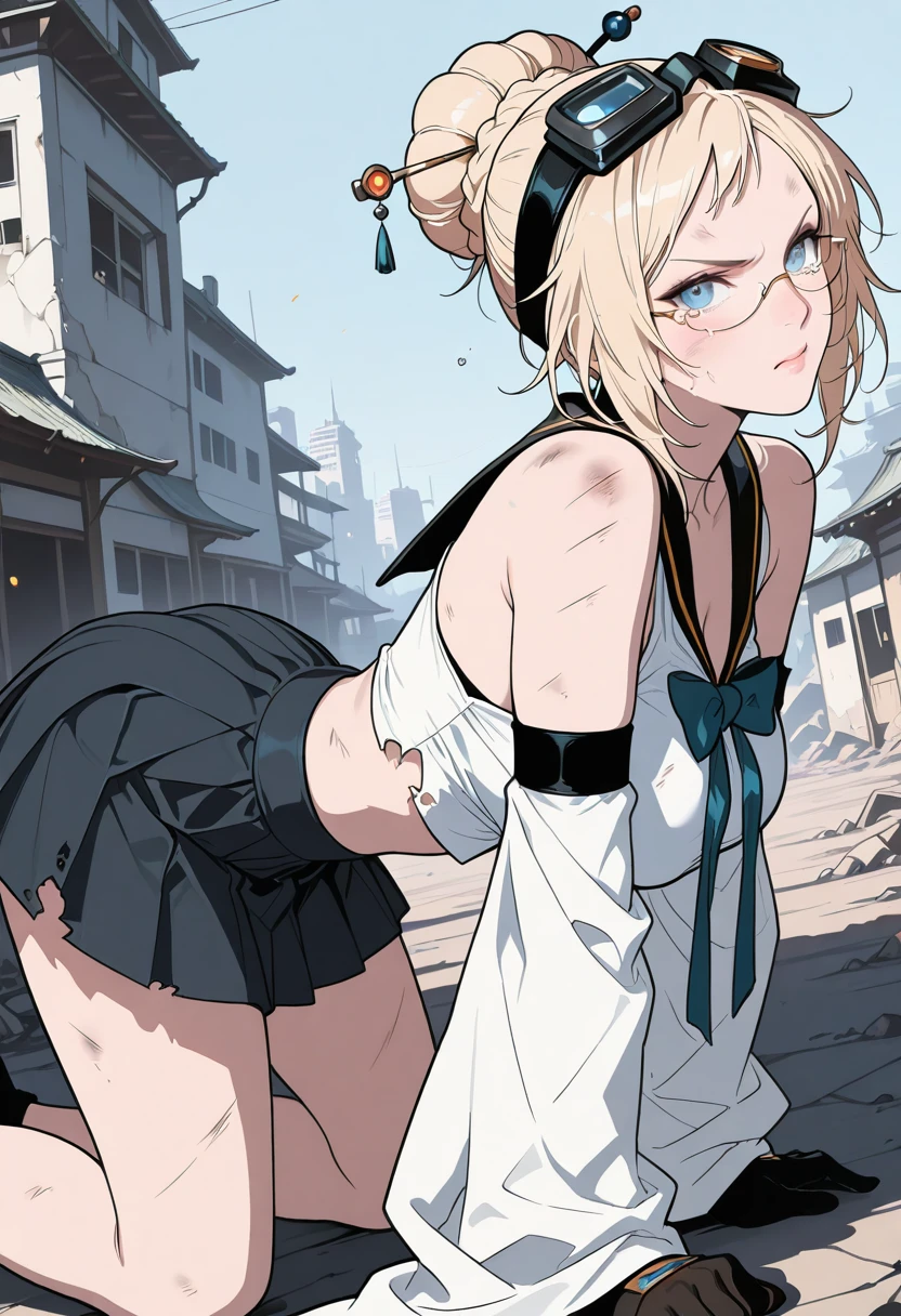 HDR, masterpiece, best quality, very aesthetic, (realistic:1.1), (flat color:1.5),
bibi, 1girl, solo, blue eyes, blonde hair, hair ornament, glasses, hair bun, single hair bun, goggles on head, hair stick, braid,
dress, black sailor collar, detached sleeves, wide sleeves, bare shoulders, white shirt, sleeveless shirt, pleated skirt, elbow gloves, large breasts, detailed background, war, angry, torn clothes, dirty, scratches, all fours, side view, looking at viewer, tears building up, exposed chest