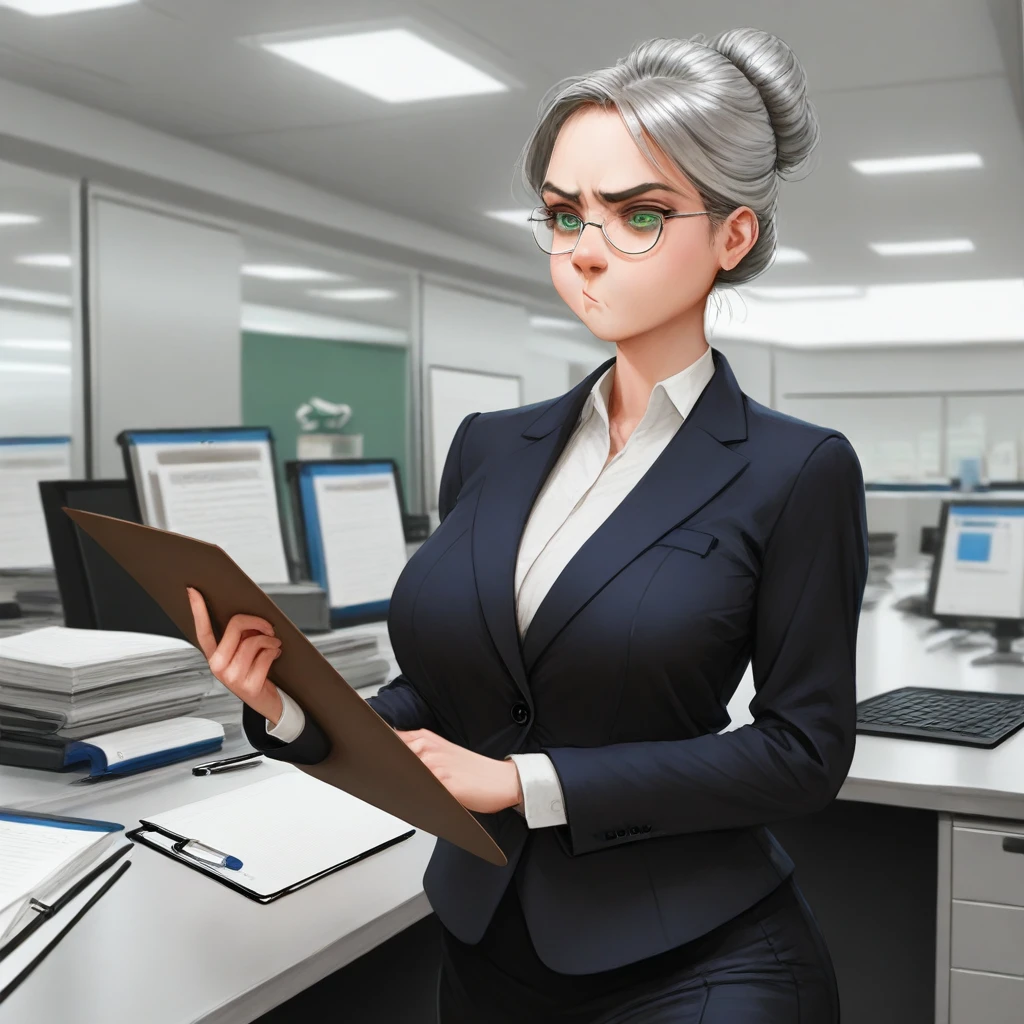 32k UHD HDR high resolution intricately detailed extremely aesthetic exquisitely beautiful perfectly composed supreme masterpiece with sharp edges and crisp details and a realistic dynamic interplay between light and shadows in the style of a fashion editorial, 1girl, solo, silver hair, milf, green eyes, glasses, business suit, hair bun, holding clipboard, indoors, office, pouting,