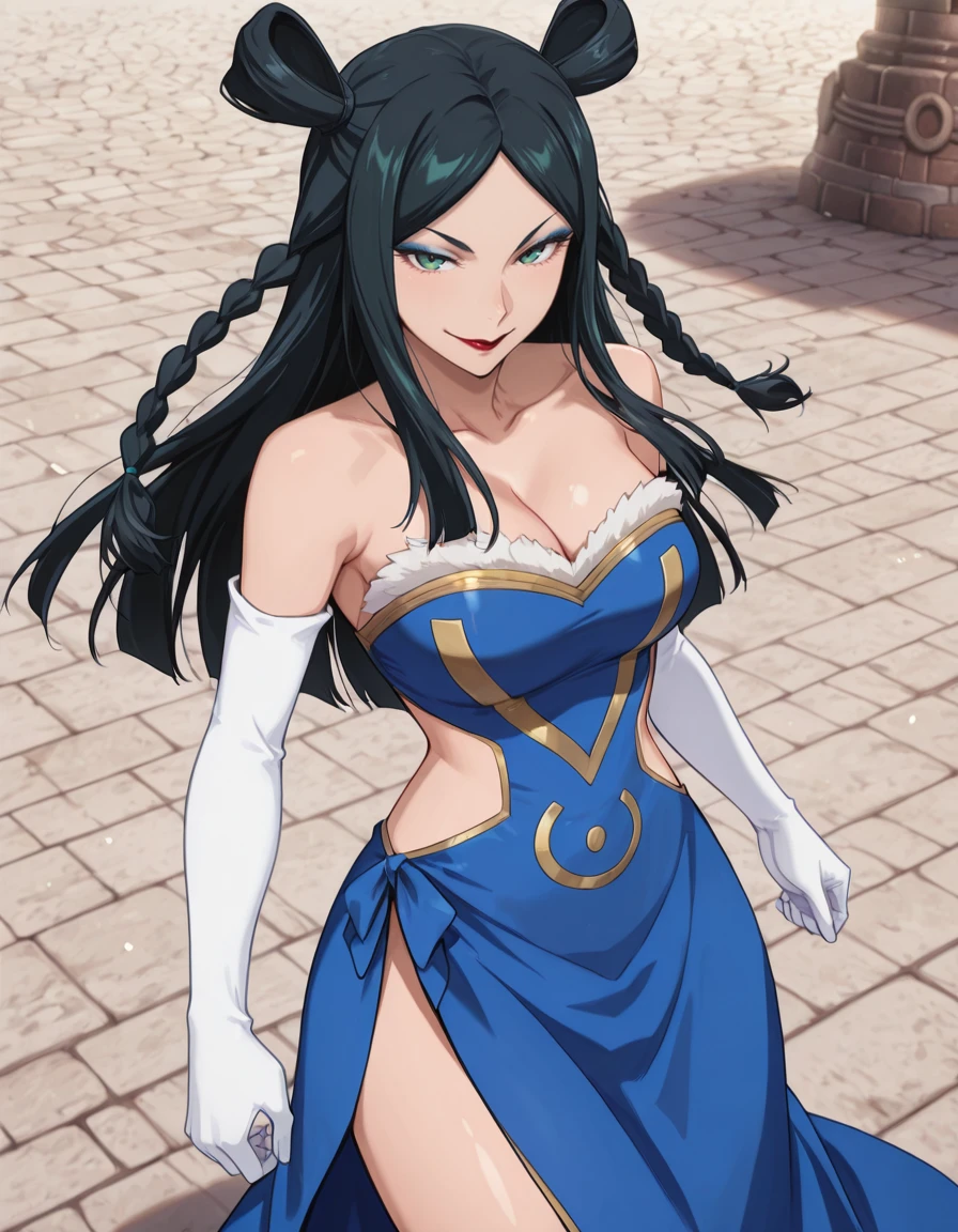 <lora:Minerva Orland_SDXL_IL_V1:1>,m1n1eb,1girl,solo,black hair,long hair,double bun,twin braids,blue eyeshadow,dark green eyes,lipstick,large breasts,bare shoulders,blue slit dress,white elbow gloves,black boots,
looking_at_viewer,available light,smile,moody lighting,day,castle,cowboy_shot,from above,caramelldansen,, Best quality,masterpiece,soft light,official art,masterpiece,high quality,highres,absurdres,best quality,epic scene,natural textures,16k, masterpiece, absurdes, highly detailed, highres, high quality, best quality, score_9, score_8_up, score_7_up, source_anime, masterpiece, perfect face, perfect eyes,(extremely detailed face),Smooth Quality,