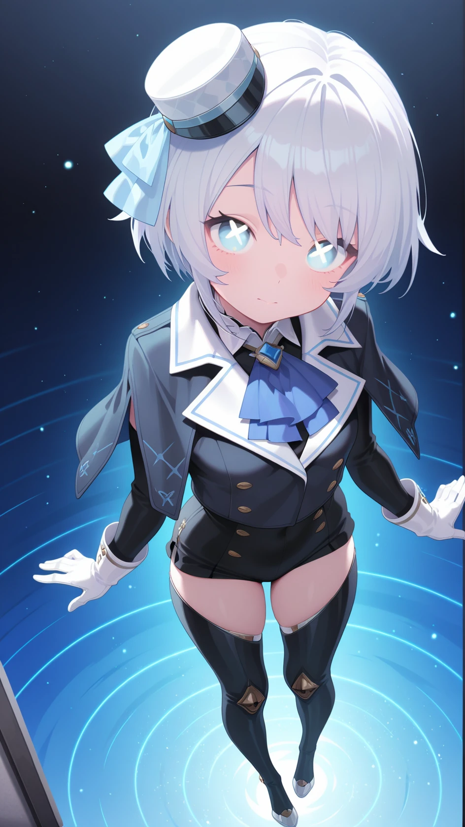 masterpiece, best quality, very high quality, stylized, nsfw, flat color, no lineart, 8K, depth of field, newest, Action shot, , ambient occlusion, , blending, light particles,, ghosts,
<lora:pinoha-000030:1.0>, 1girl, solo, , blue eyes, gloves, short hair,,white mini hat, , white hair, , gloves, , +_+, ascot, blue ascot, capelet, ,, long sleeves,, , , front view, full body, from above,
<lora:illustrious_flat_color_v2:0.6>,, masterpiece,best quality,amazing quality,