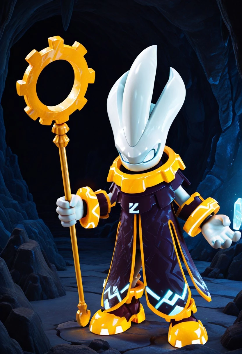 solo male, 3D, Imperator IX, white spiky hair, glowing light blue eyes, no mouth, no nose, large gold gear-shaped necklace, black robe, light blue markings on robe, white gloves, holding golden staff, golden shoes, cave, battle stance, (high quality, masterpiece, 4K UHD),
