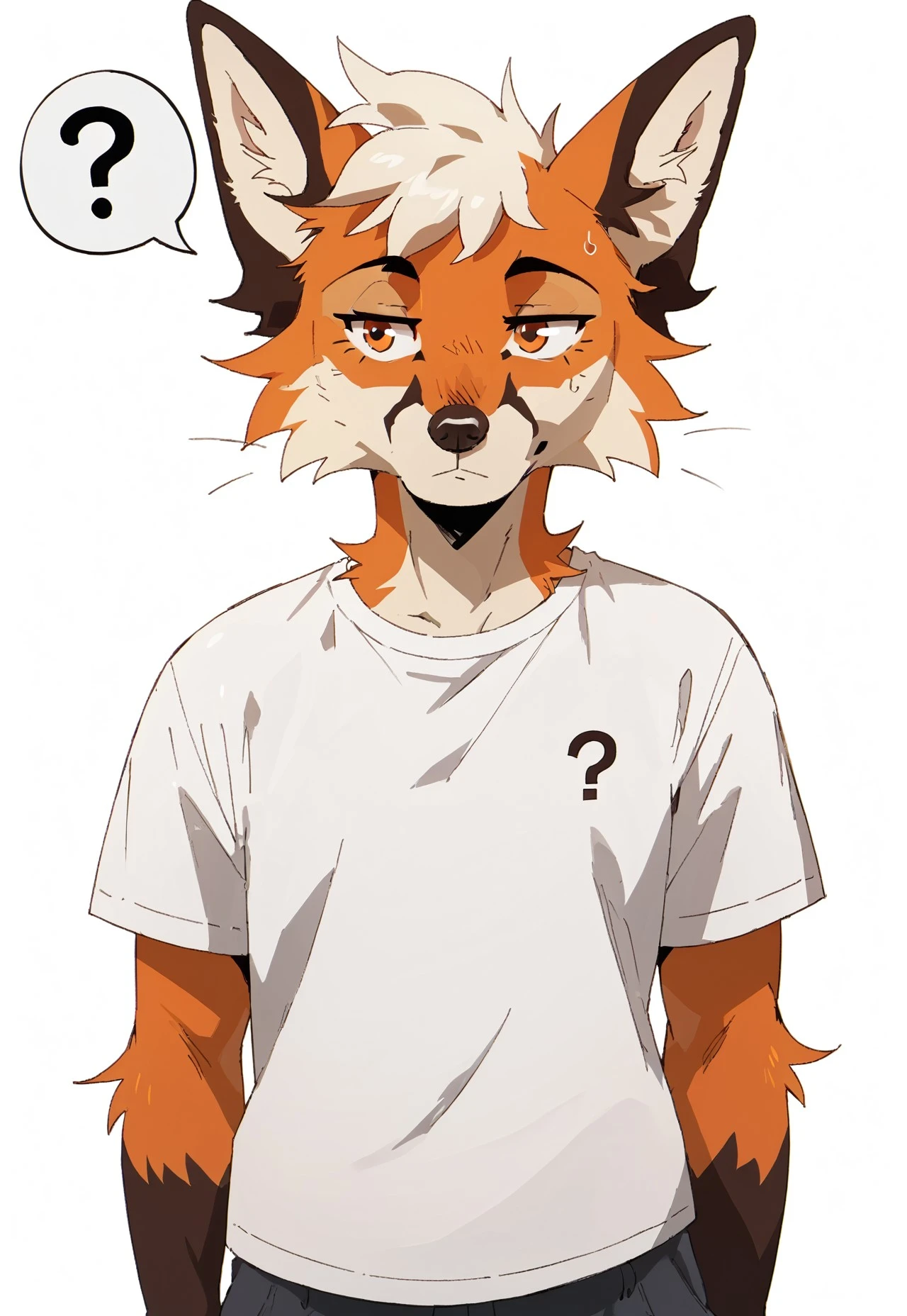furry, anthro, fox, test, T-shirt with question mark, white wool, arms spread out to the sides, white background