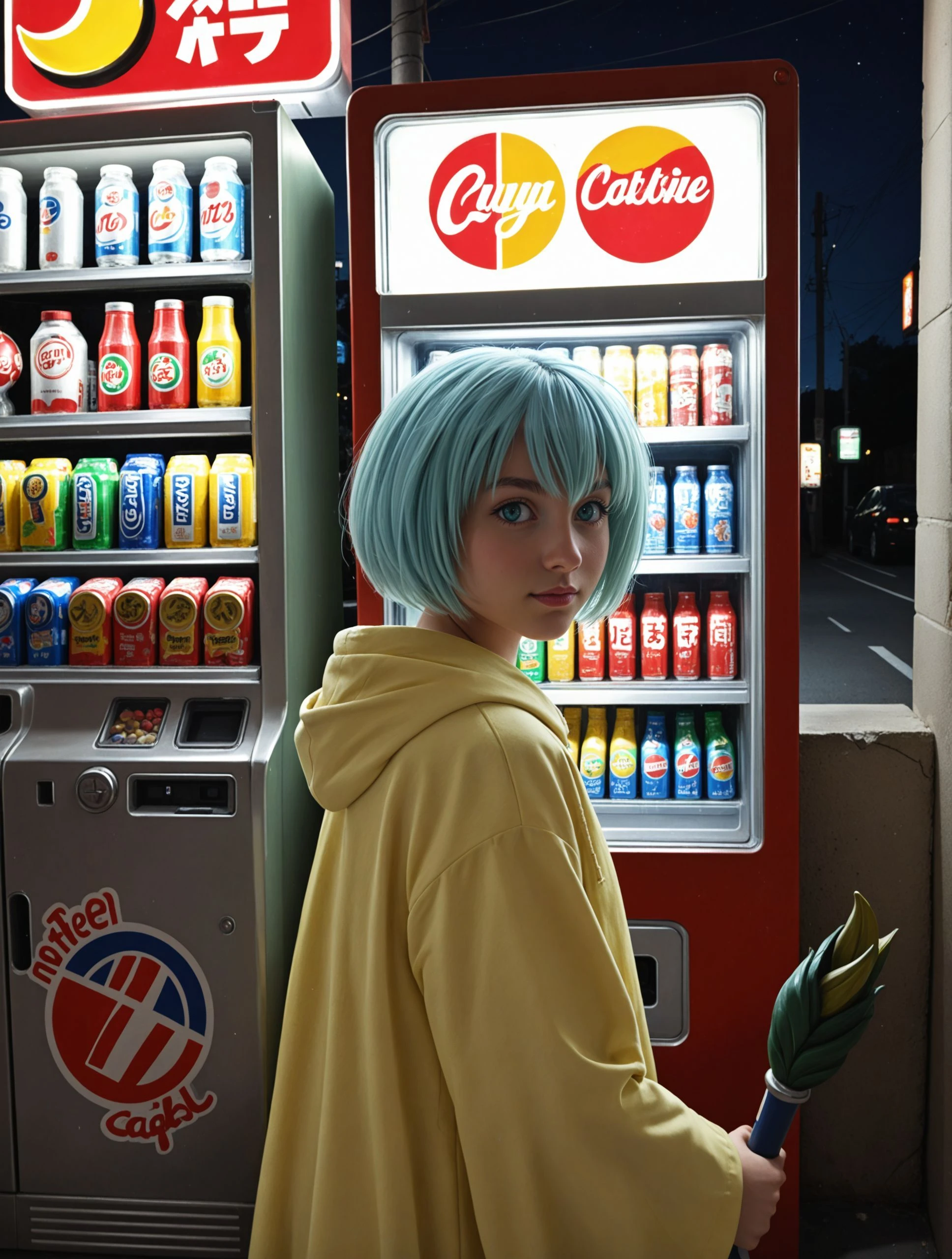 Lelei_La_Lalena, short hair, 1girl, solo, LeleiOutfit, standing in front of a japanese vending machine, trying to logically deduce its function, poking it with her staff, completely deadpan, analytical expression, slight head tilt, utter confusion, bright, almost sterile lighting from the machine, comedic composition,a street in tokyo at night, neon signs, other vending machines, score_8_up, score_7_up, comedic, slice of life, expressive, anime style, vibrant colors  <lora:Lelei La Lalena_Pony:1>
