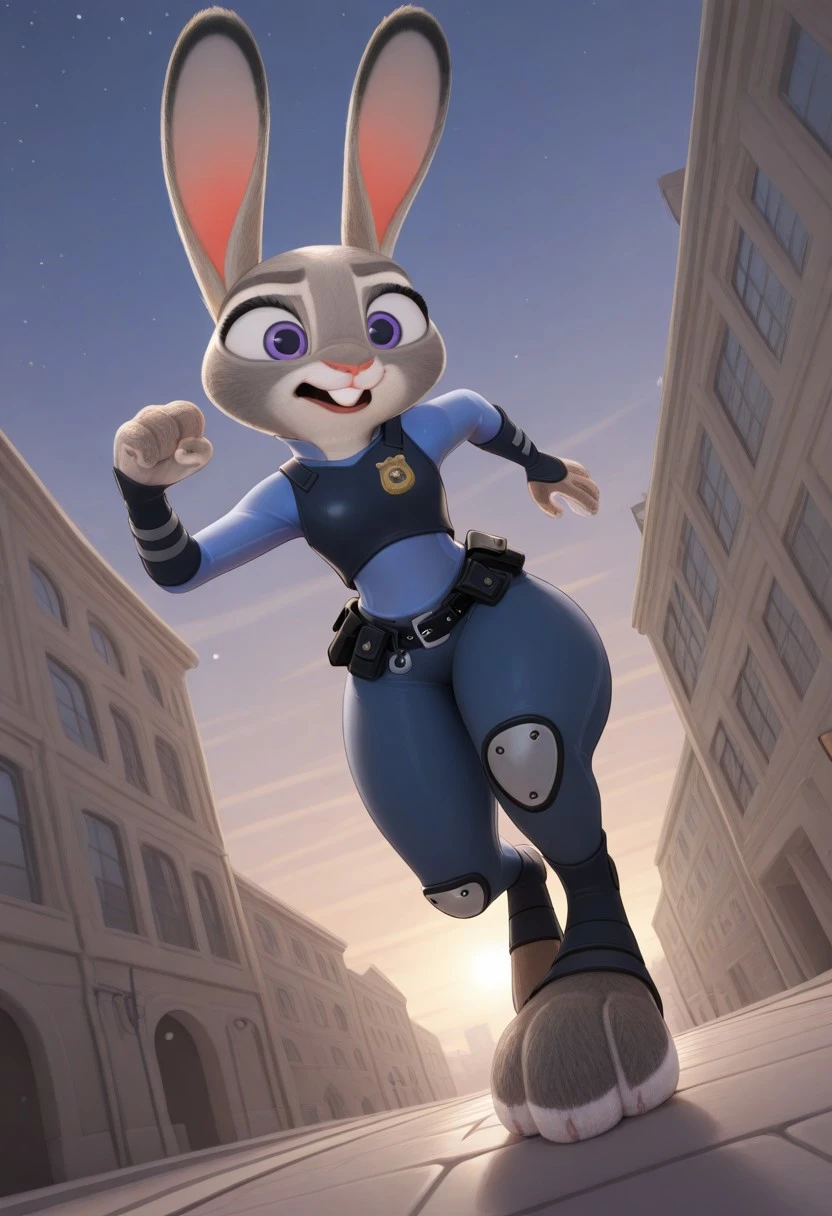 masterpiece, best quality, newest, absurdres, highres, 1girl, solo, furry, anthro, rabbit girl, judyhoppsILL, rabbit ears, purple eyes, grey fur, blue police uniform, toeless legwear, vest, blue pants, buckteeth, running, city, nighttime dynamic angle, dynamic pose, foreshortening, from below, judy hopps, zootopia