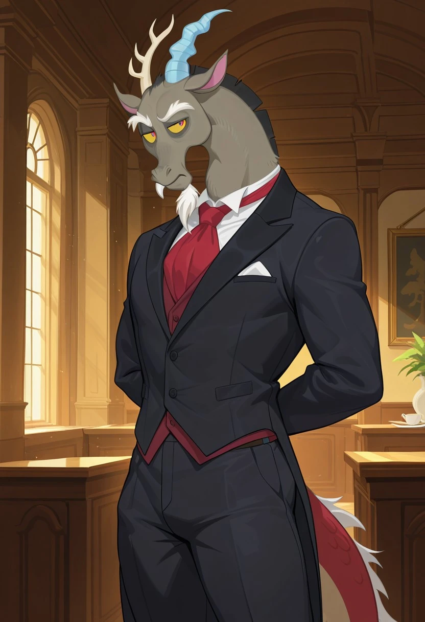 masterpiece, best quality, amazing quality, very aesthetic, absurdres, newest, high quality, detailed, male, solo male, Disc0rd, 1boy, broad shoulders, mature male, red eyes, yellow sclera, anthro, animal ears, dragon, facial hair, goatee, bushy eyebrows, horns, 1 beige antler, 1 blue horn, gray face and neck, multicolored skin, multicolored body, half body, looking at viewer, indoors, detailed face, detailed eyes, dynamic shot, black jacket, red ascot, white collared shirt, mustache, butler, hands behind back looking at viewer, wide hips, thick thighs, dining hall