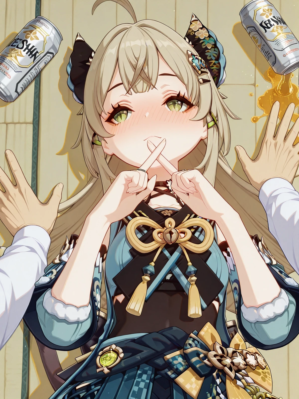 masterpiece, best quality, amazing quality,, <lora:genshin-kirara-ingame-illustriousxl-lora-nochekaiser:1>, kirara, kirara (genshin impact), long hair, brown hair, hair ornament, animal ears, green eyes, tail, ahoge, sidelocks, hairclip, cat ears, cat tail, light brown hair, cat girl, multiple tails, two tails, nekomata, mature female, small breasts, 3d, <lora:getsuyoubi-no-tawawa-400-illustriousxl-lora-nochekaiser:1>, getsuyoubinotawawa 400, x fingers, looking away, blush, closed mouth, 1boy, lying, solo focus, on back, pov, nose blush, alcohol, can, pov hands, drunk, drink can, beer can, spill, on floor,, , ,